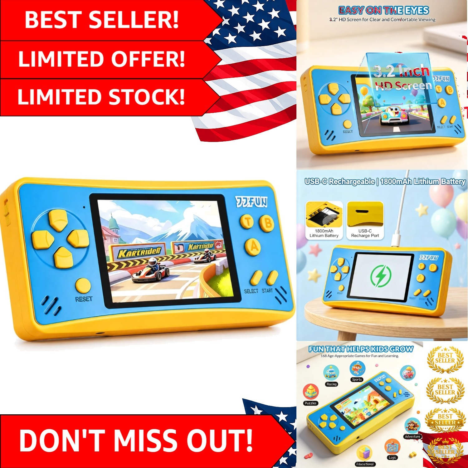 Safe & Fun Portable Gaming Console – 3.2″ Screen, 168 Built-in Games for Kids