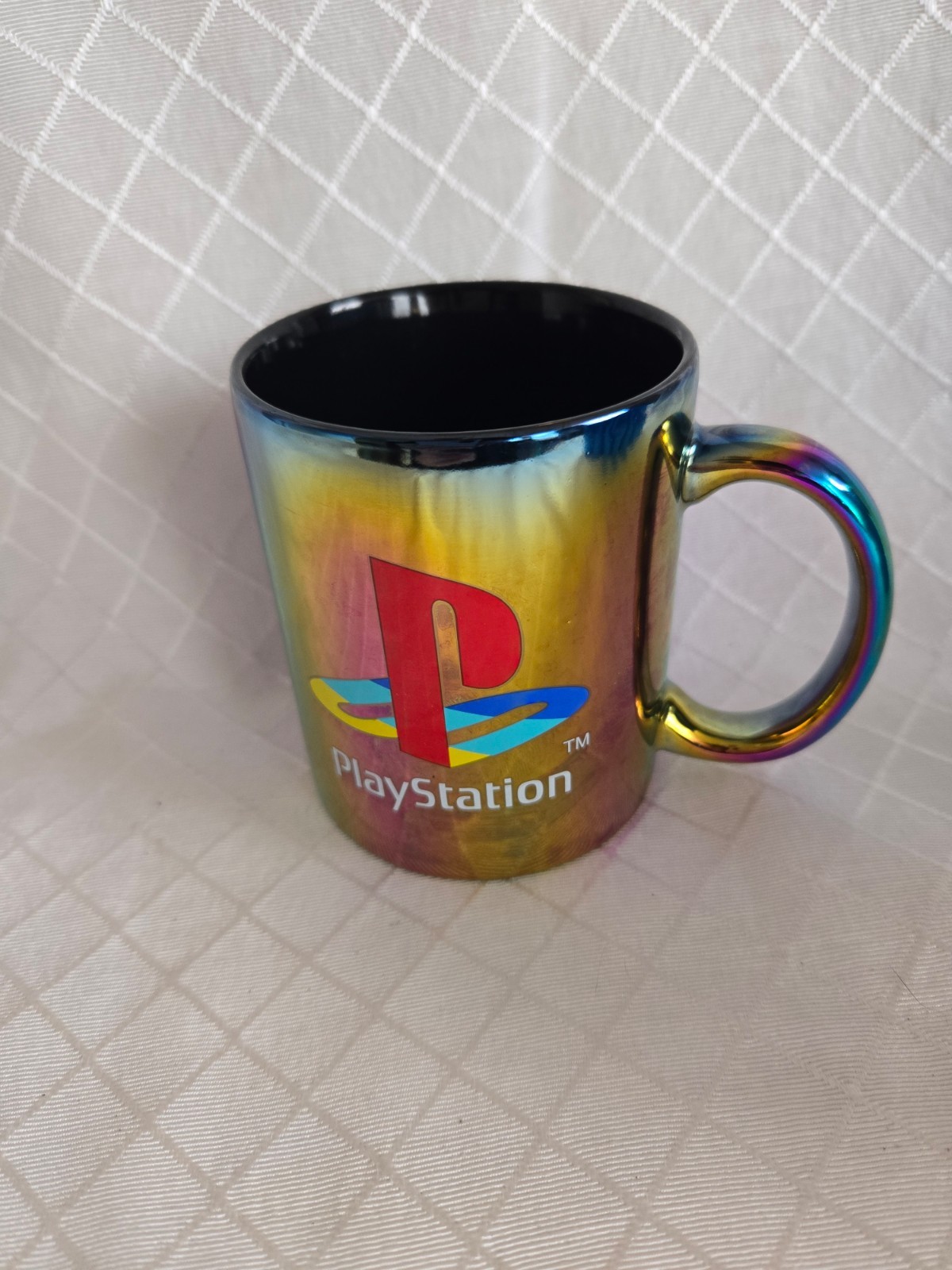 PlayStation Logo Iridescent Mug Oil Slick Color style. Gamer Sony Coffee Cup