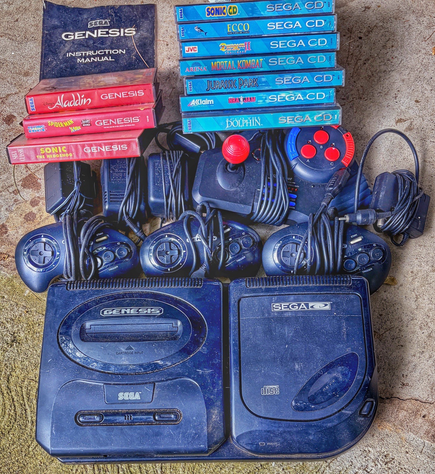 SEGA Genesis + Sega CD Bundle w 3 + Quick Shot Controllers, Games, Manual, Adapt