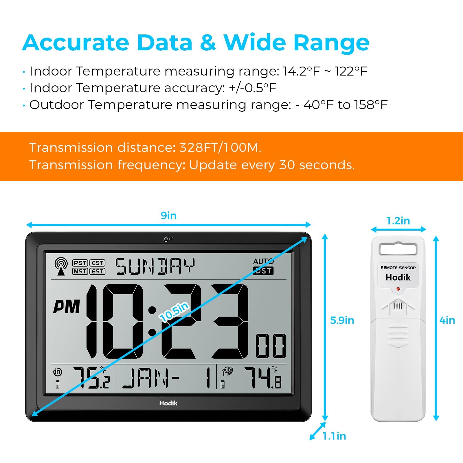 HODIK Wall Clock Atomic with Indoor Outdoor Temperature 9*5.9*1.1 in, Black