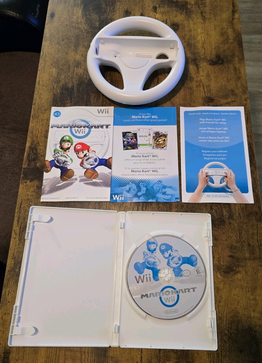 Nintendo Wii Mario Kart with Wheel and Super Mario Bros Game Complete Set