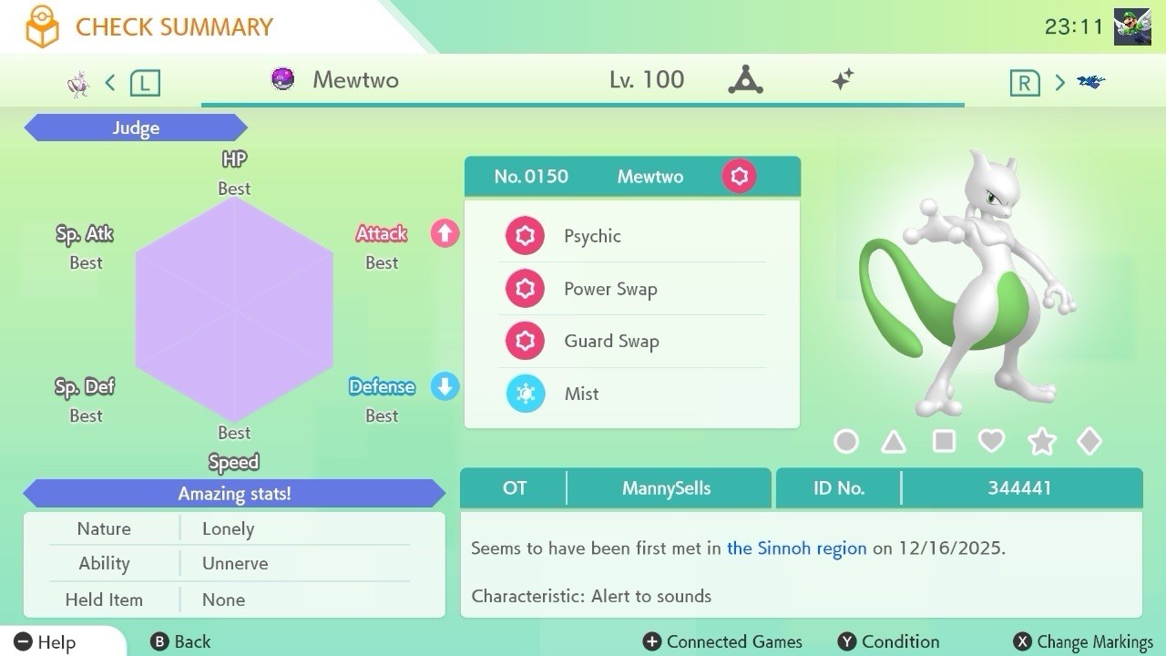 BDSP Caught Legendaries Shiny/Non Shiny, 6IV, Level 100, EVs 6HP 252ATK 252SPE