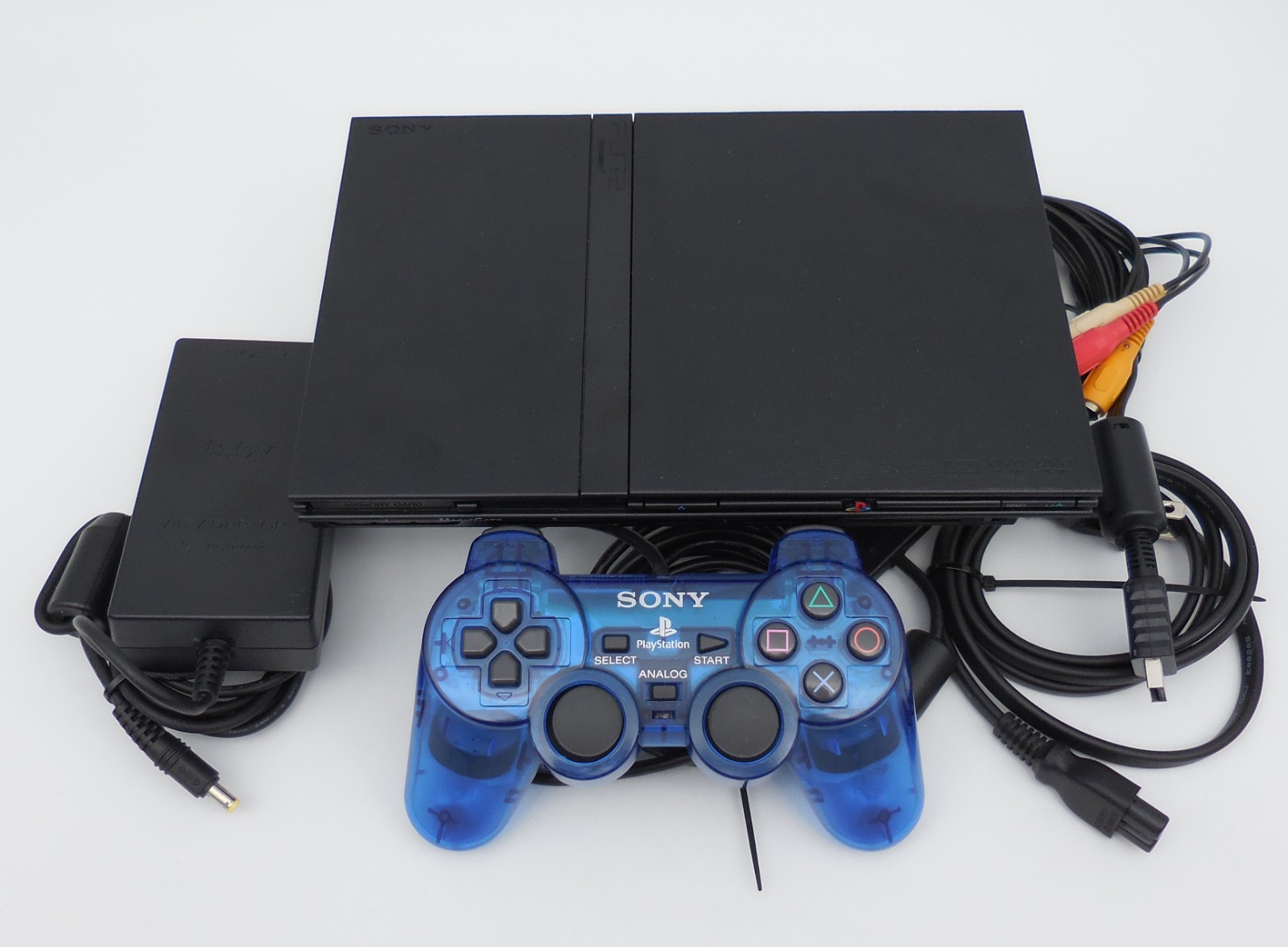 Black Sony PlayStation 2 Slim w Clear Blue Controller Power & Video PS2 WORKS!