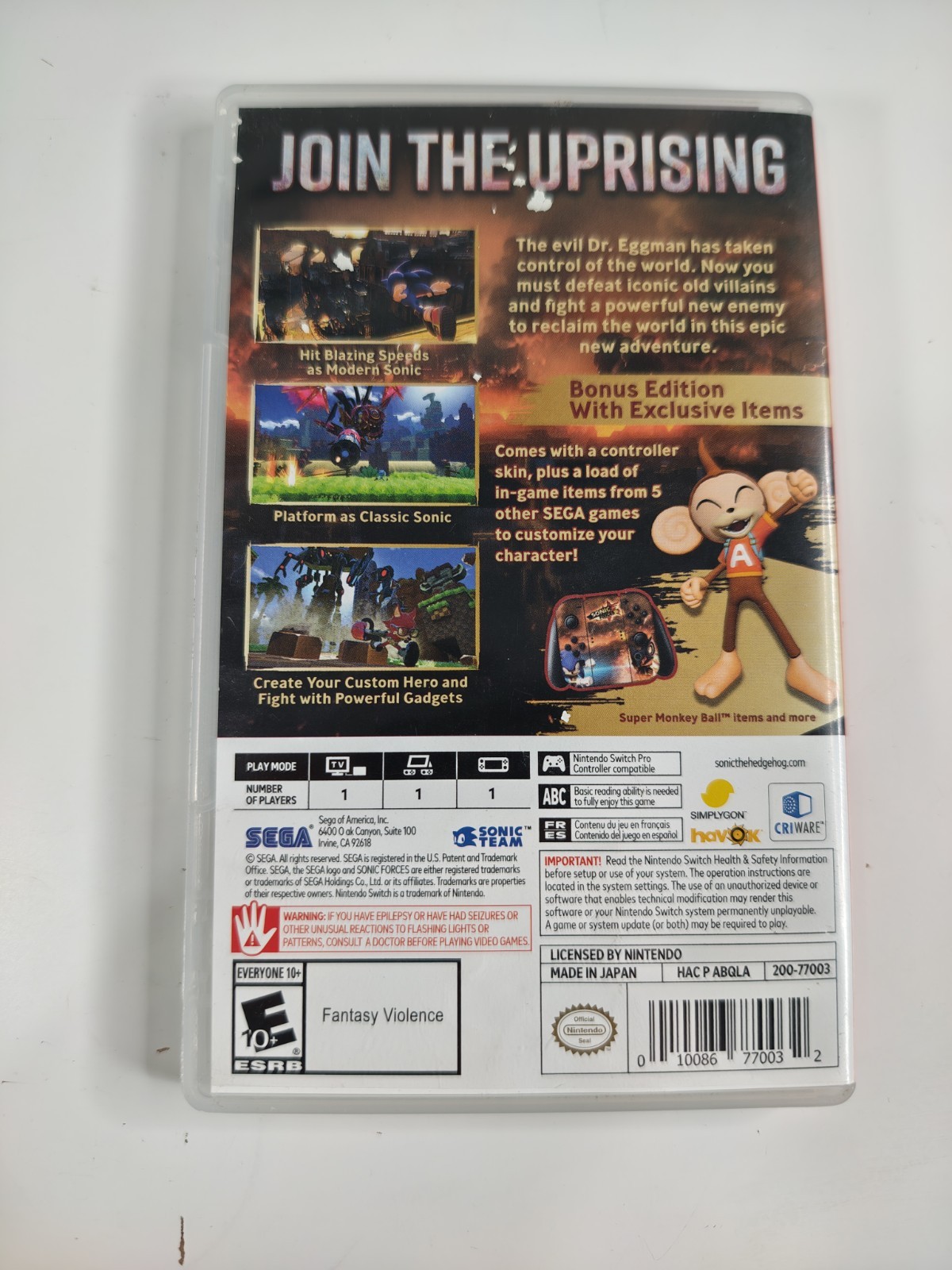 Sonic Forces: Bonus Edition – Nintendo Switch GUC NO SKIN NO DLC TESTED!