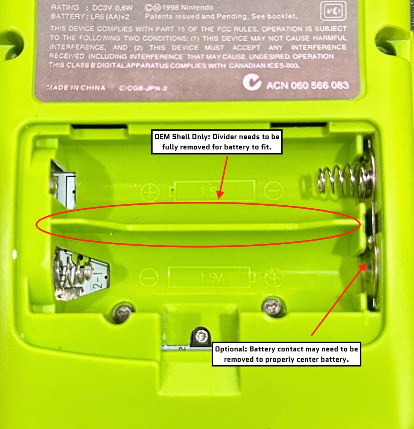Game Boy Color GBC Rechargeable Battery USB-C 1500 mAh 3.7 V w/ Battery Cover