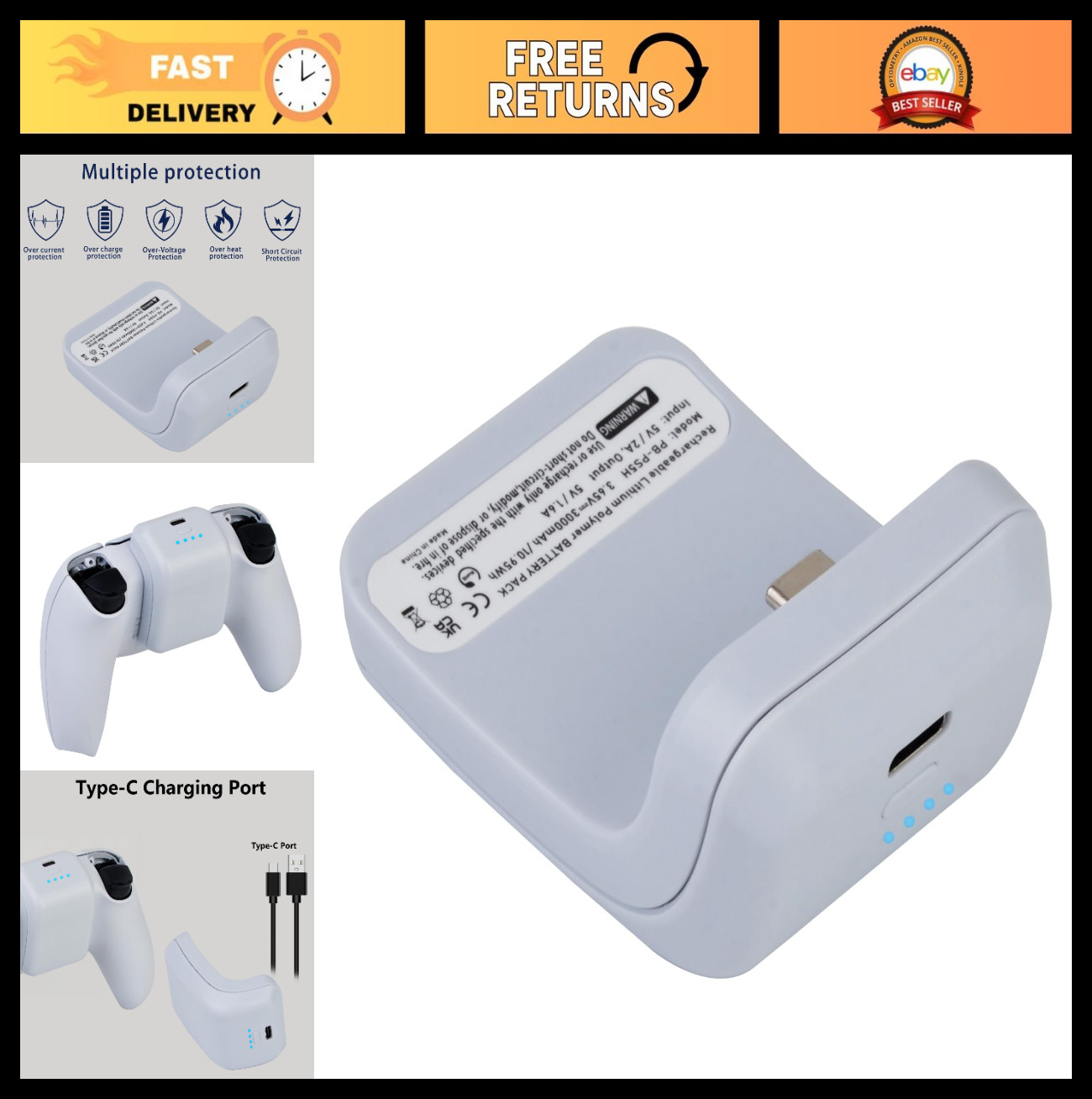 3000mAh External Battery Pack for PS5 Controller – Rechargeable Power Bank for D