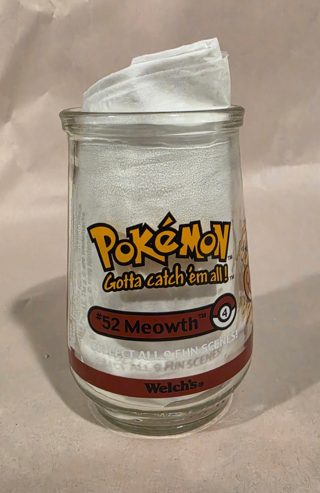 Welch’s Pokémon #52 Meowth Collectible Glass Tumbler Jelly Jar 1999