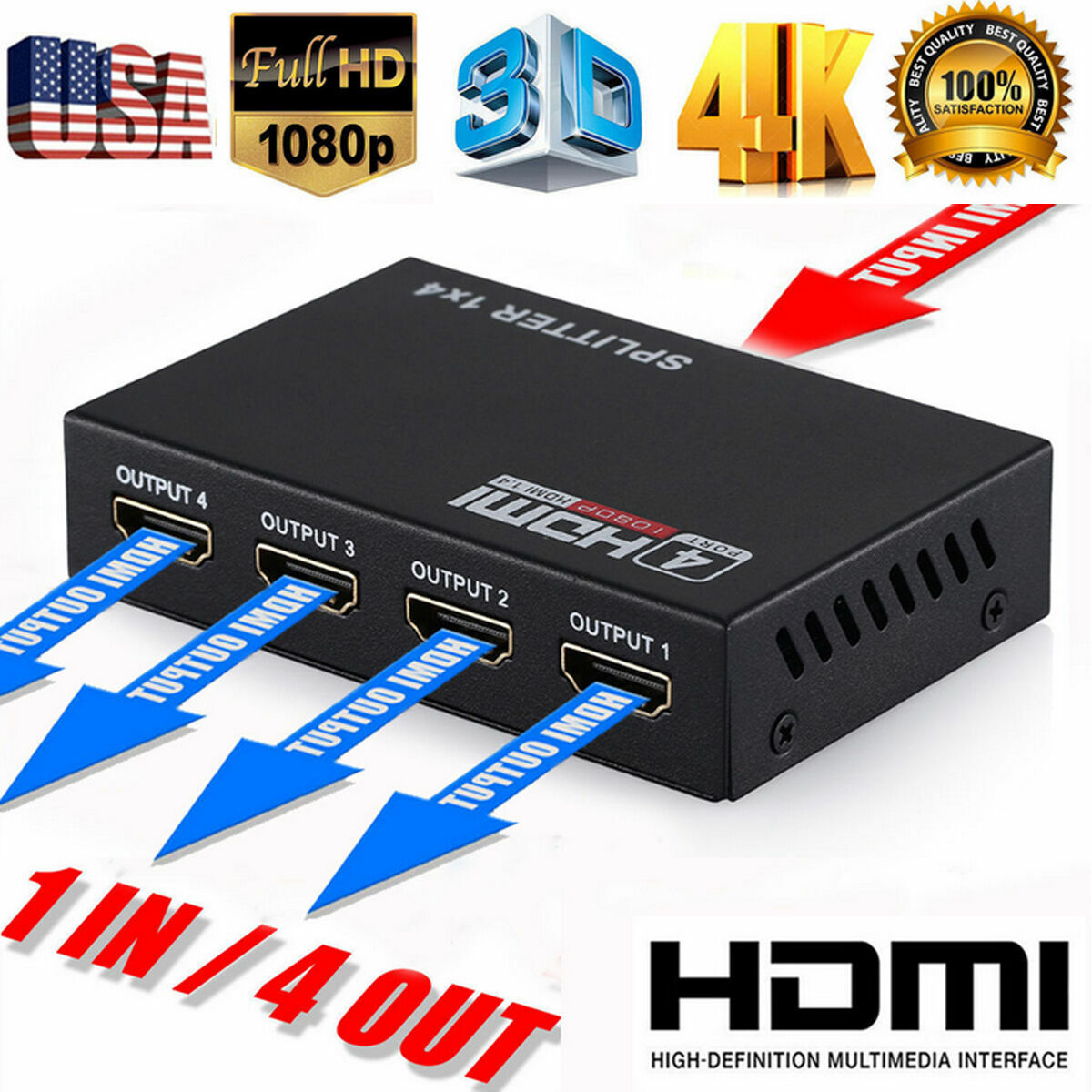 HD 4K 4 Port HDMI Splitter 1×4 Repeater Amplifier 1080P 3D Hub 1 In 4 Out