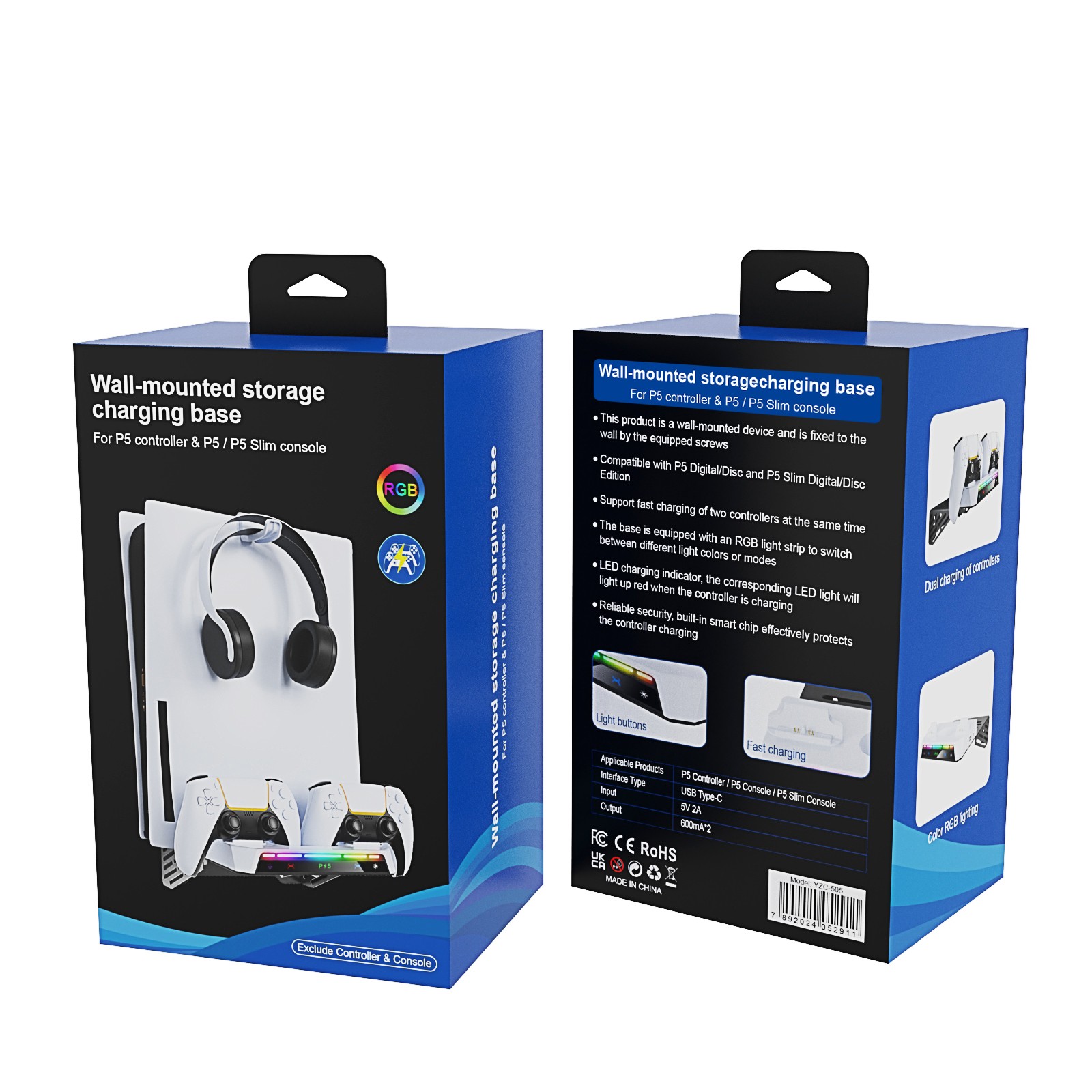 For PS5 Slim Console Wall Mount PS5 Gamepad Holder with RGB Light Triangle Stand