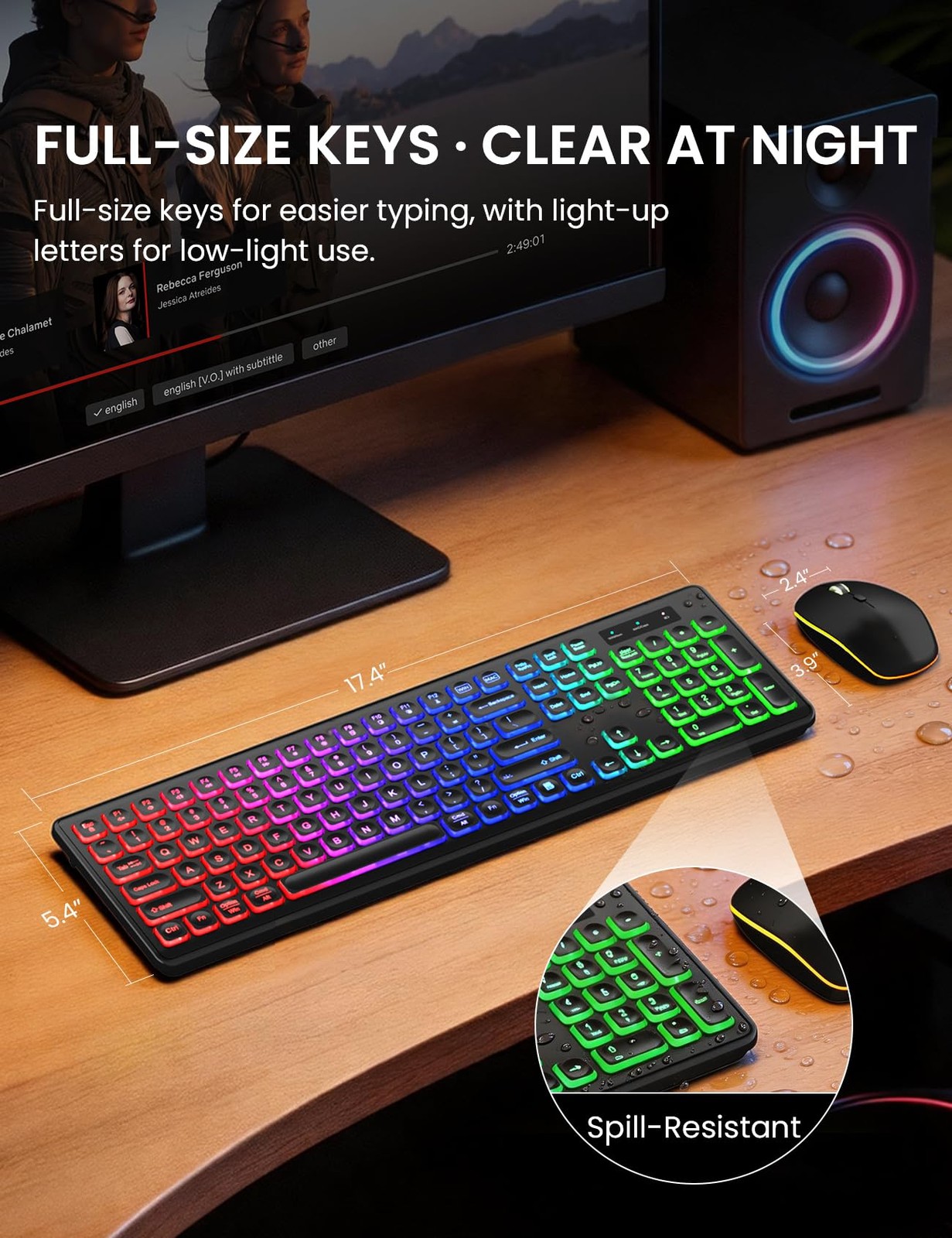 Wireless Keyboard and Mouse Combo, RGB Backlit, Rechargeable & Light Up Black