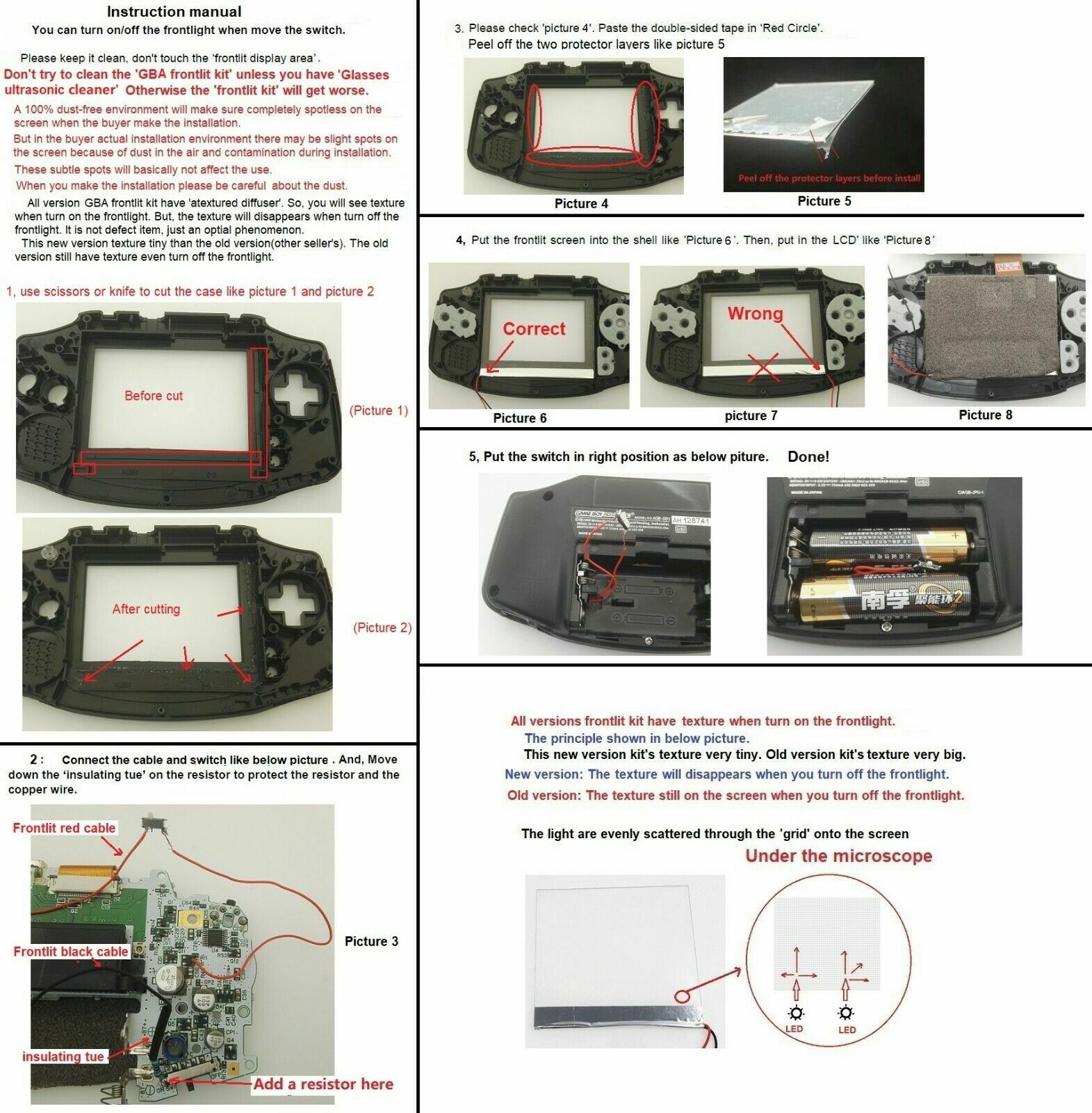 GBA Nintendo Game Boy Advance Frontlit Frontlight Front Light V2 NO LOCA GLUE!