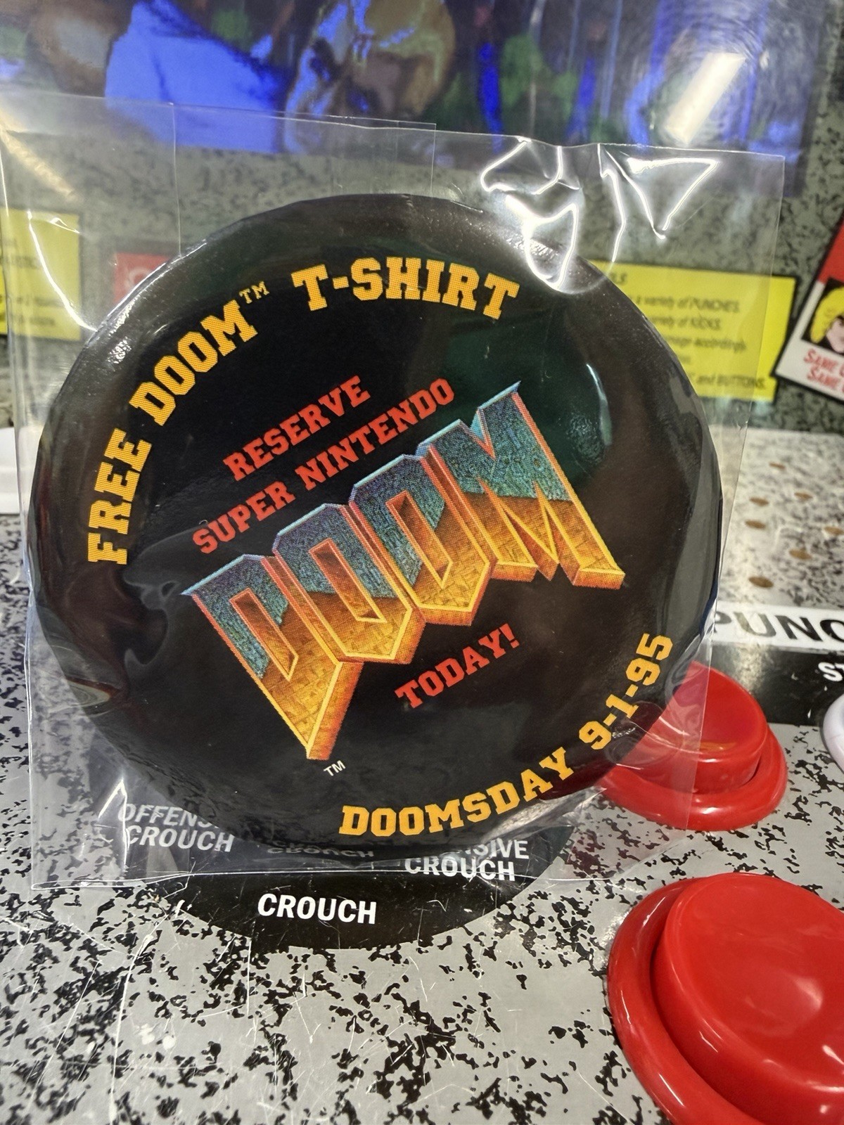 1995 SNES Doom & 2005 Resident Evil 4 Pinback Buttons + Dying Light 2 Neck Cover