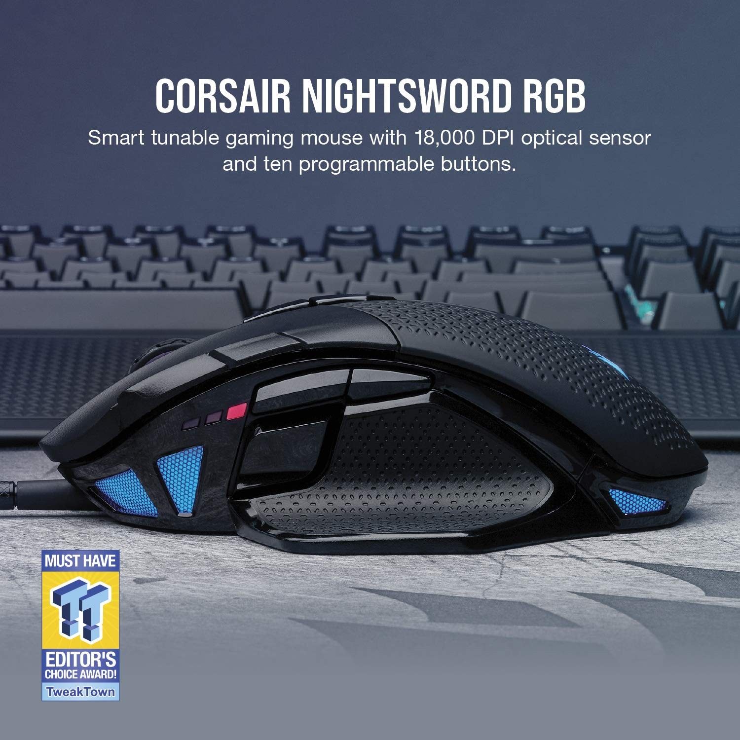 Corsair Nightsword Rgb Gaming Mouse For Fps Moba – 18000 Dpi – 10 Programmable
