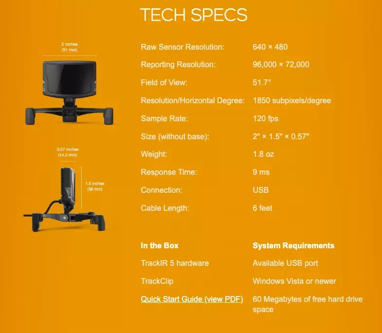Natural Point TrackIr 5 Optical Head Tracking System with Track Clip – New