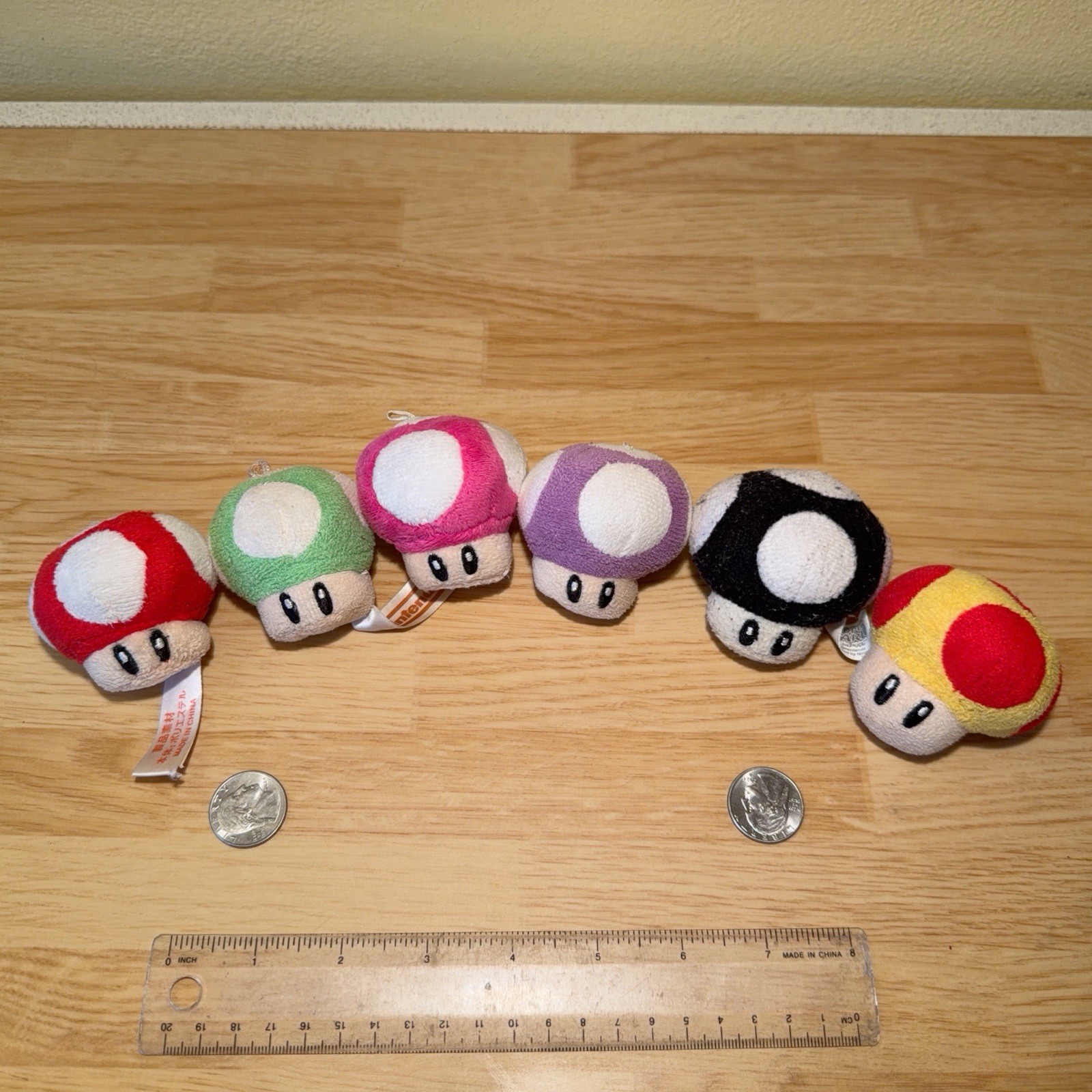 Lot of 2” Nintendo Mushroom Plushies Red Green Pink Purple Black Yellow Set of 6