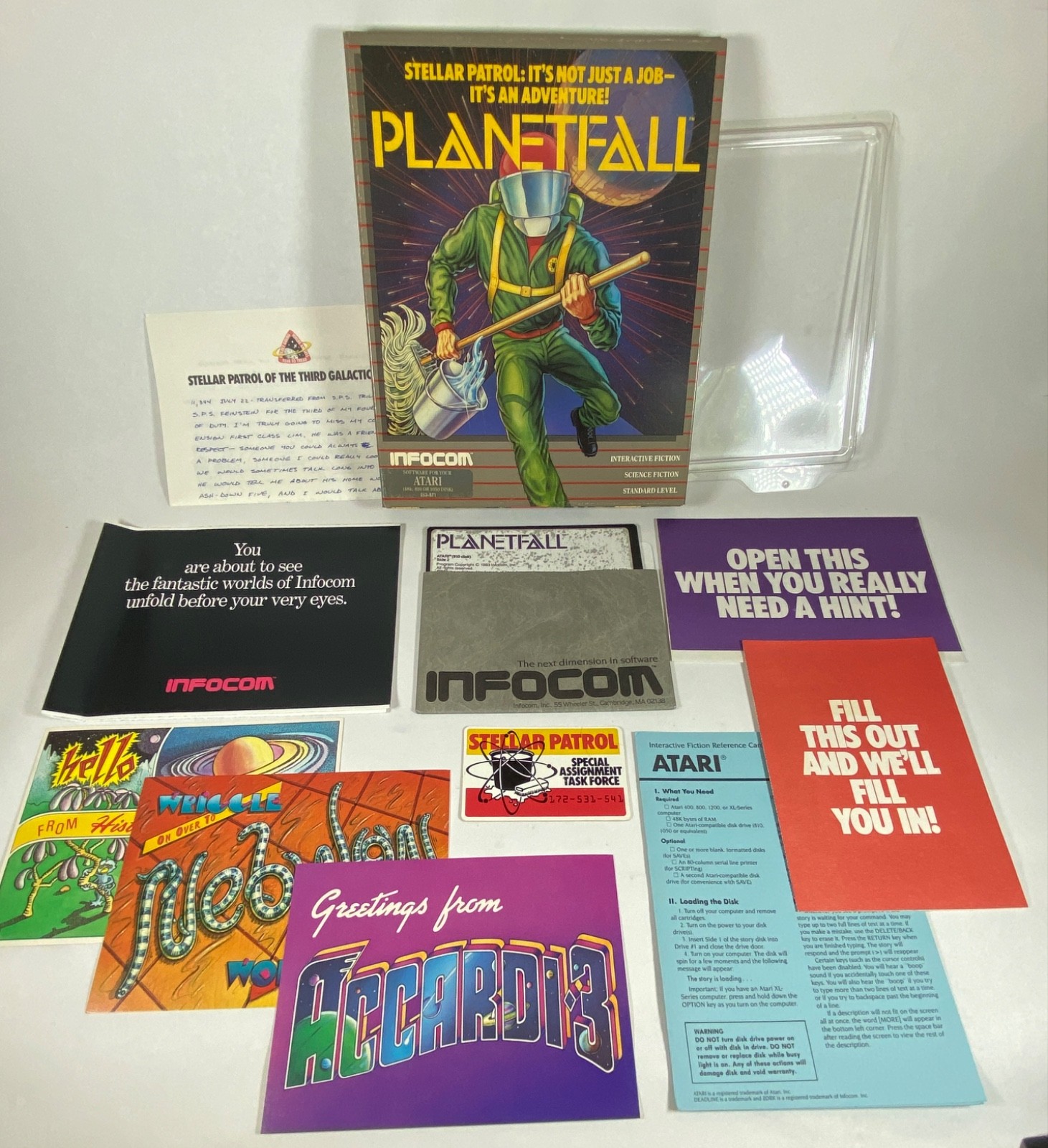 PLANETFALL INFOCOM Atari 400/800 COMPLETE w Feelies Inserts Postcards Folio!
