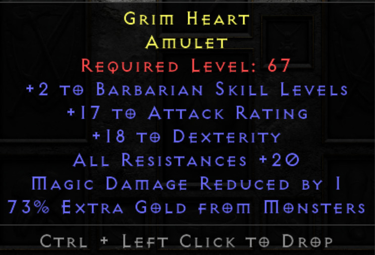 D2r rare amulet barb ammy 2skills 18dex 20all res 73eg eg ammy–non ladder sc