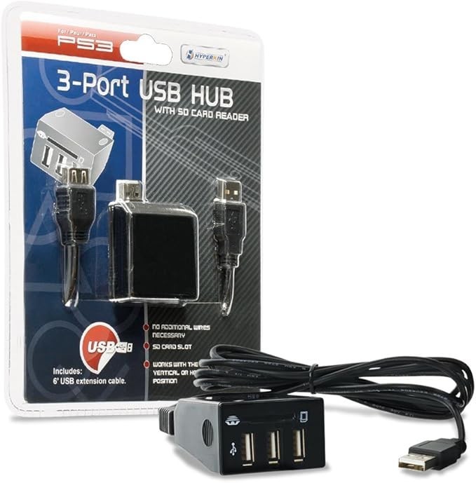 HYPERKIN 3-Port USB Hub with SD Card Reader-Play Station PS3, PS4, PC Compatible