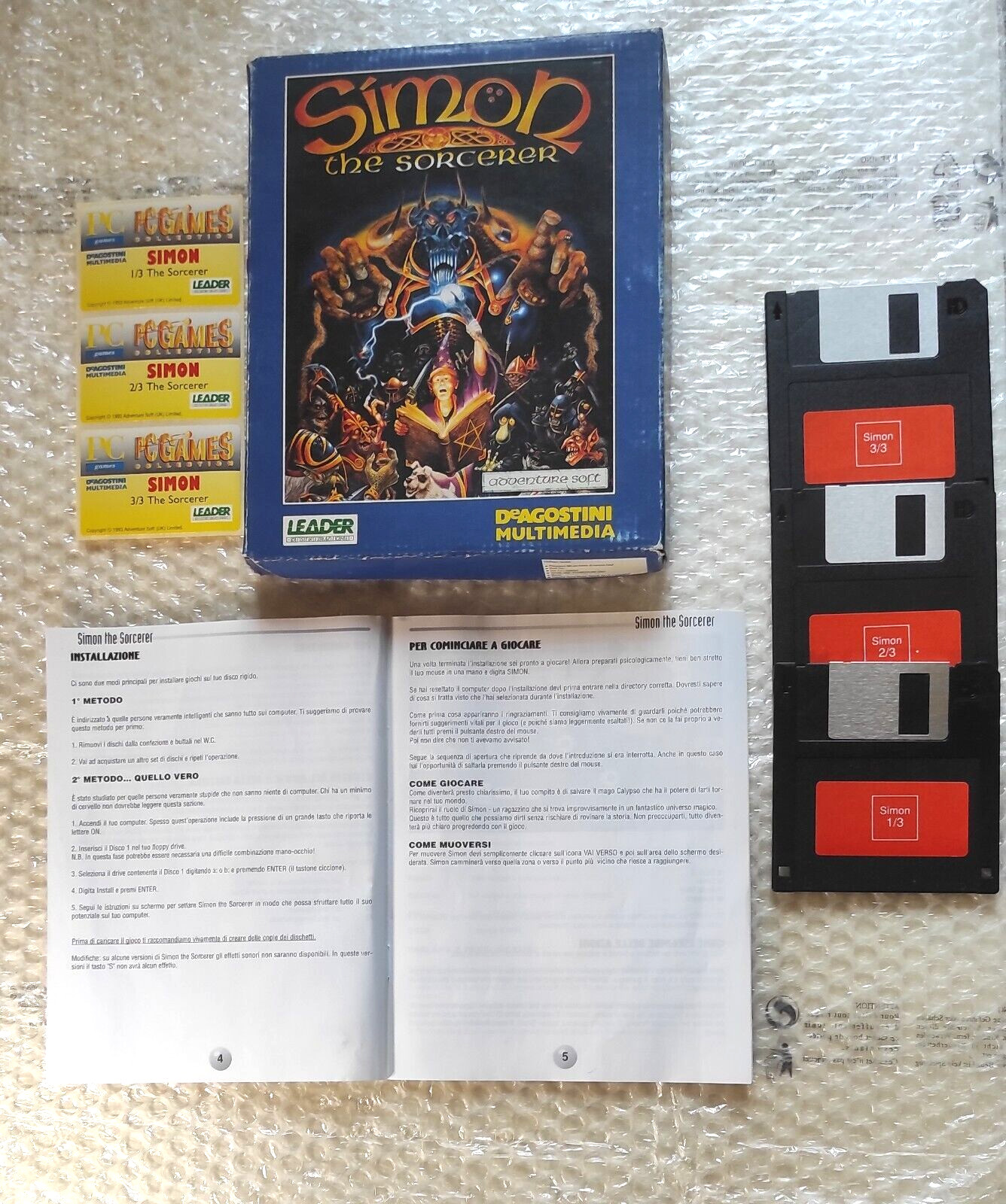 SIMON THE SORCERER Complete Box PC FLOPPY ORIGINAL LEADER Italy Retrogames PAL