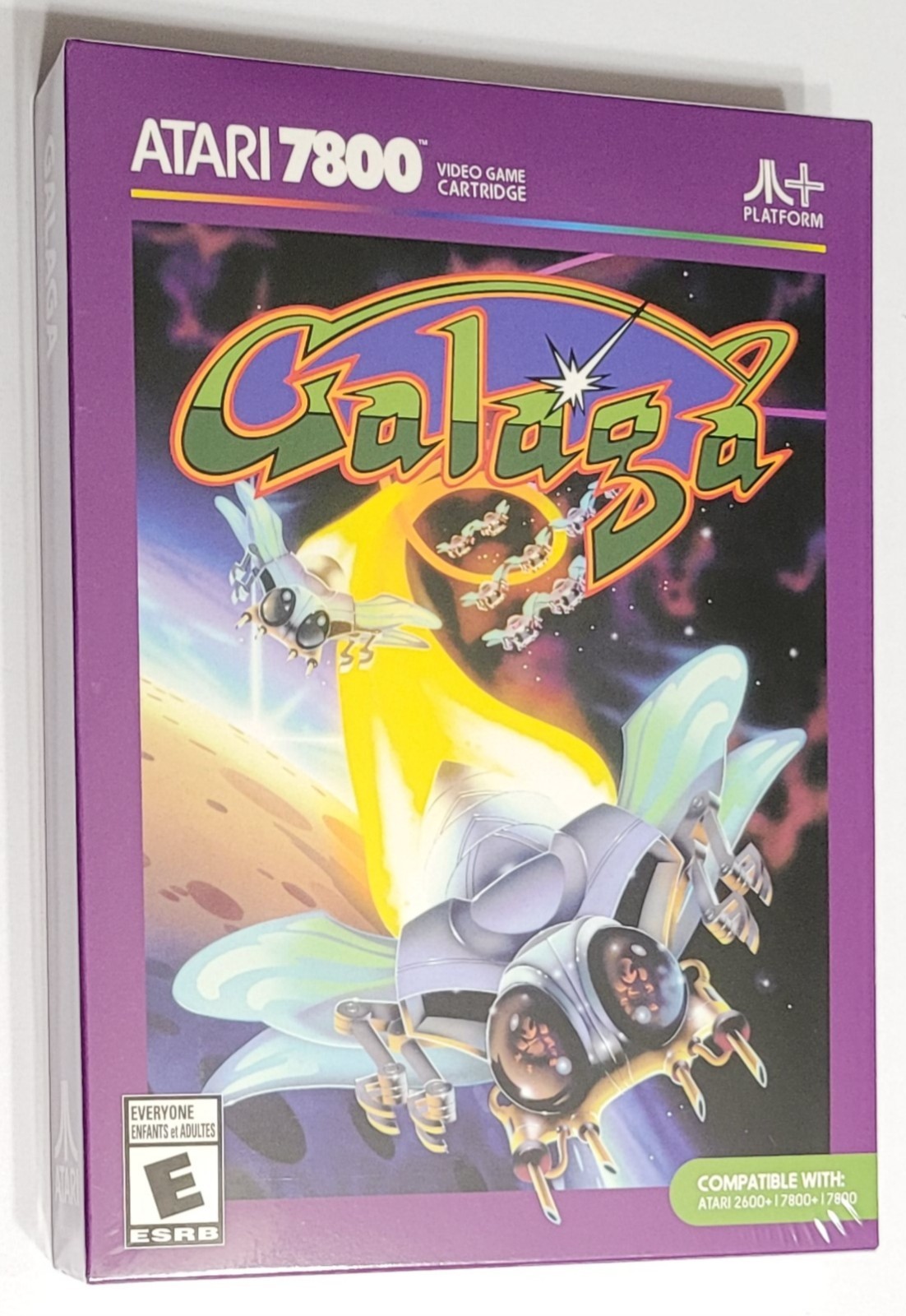 GALAGA Atari 7800 Game with collectable Pin & Patch plus green cartridge. New!