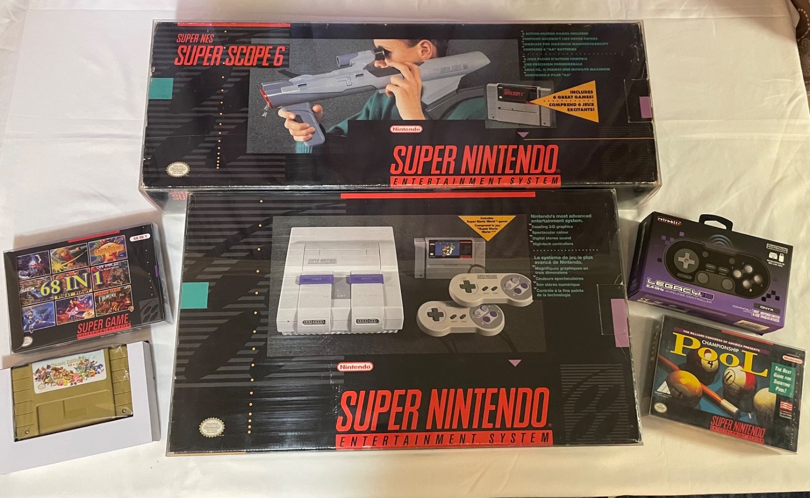 Super Nintendo System CIB Bundle / SuperScope 6 CIB / 68 in 1 SNES Game BrandNew