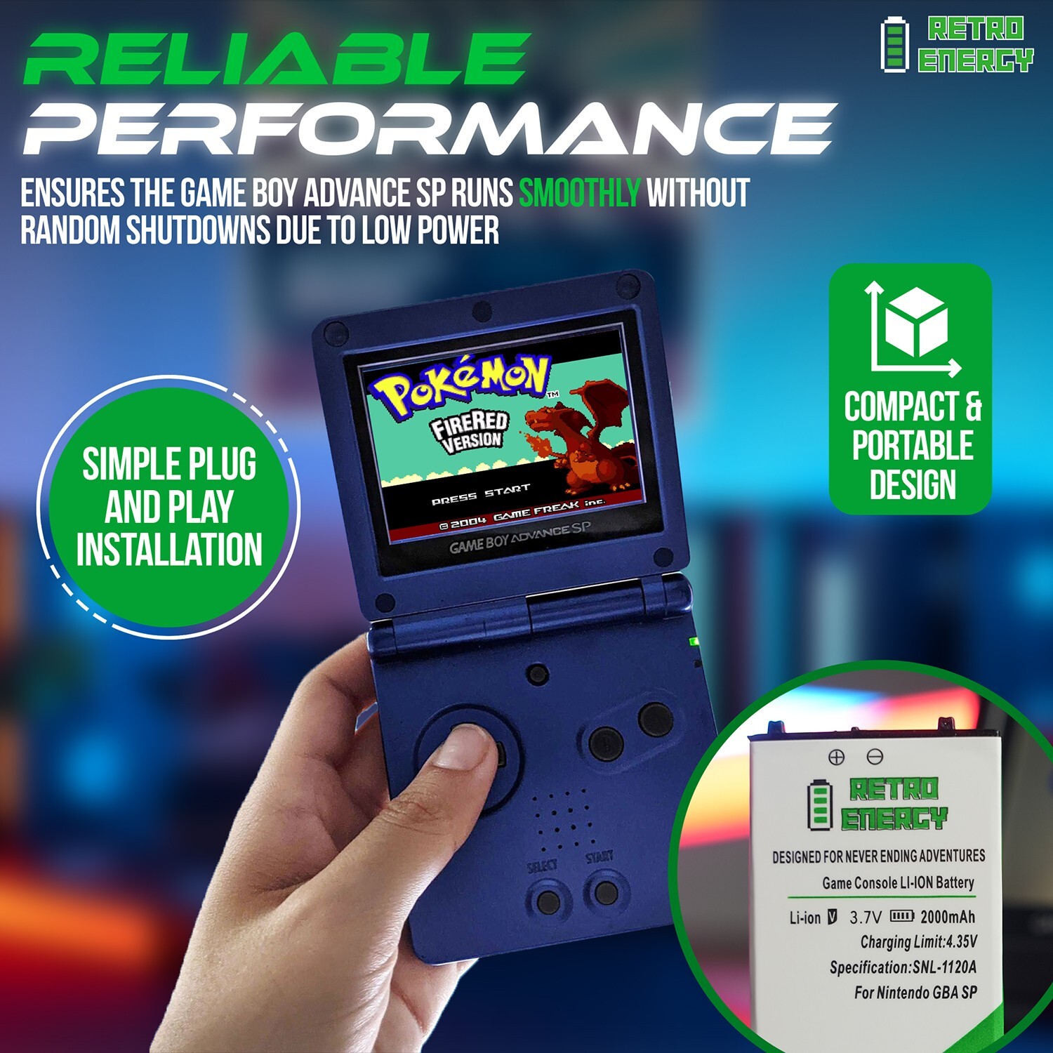 Retro Energy Gameboy Advance SP Battery 2000 mAh GBA Lithium Ion LARGEST BATTERY