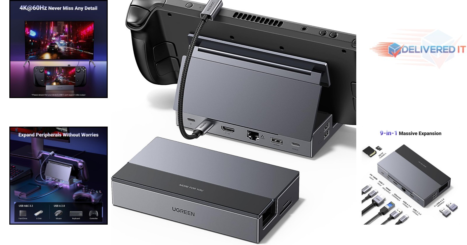 USB C Docking Station 9-in-1 HDMI Ethernet 4K@60Hz USB 3.2 PD 100W for Gaming