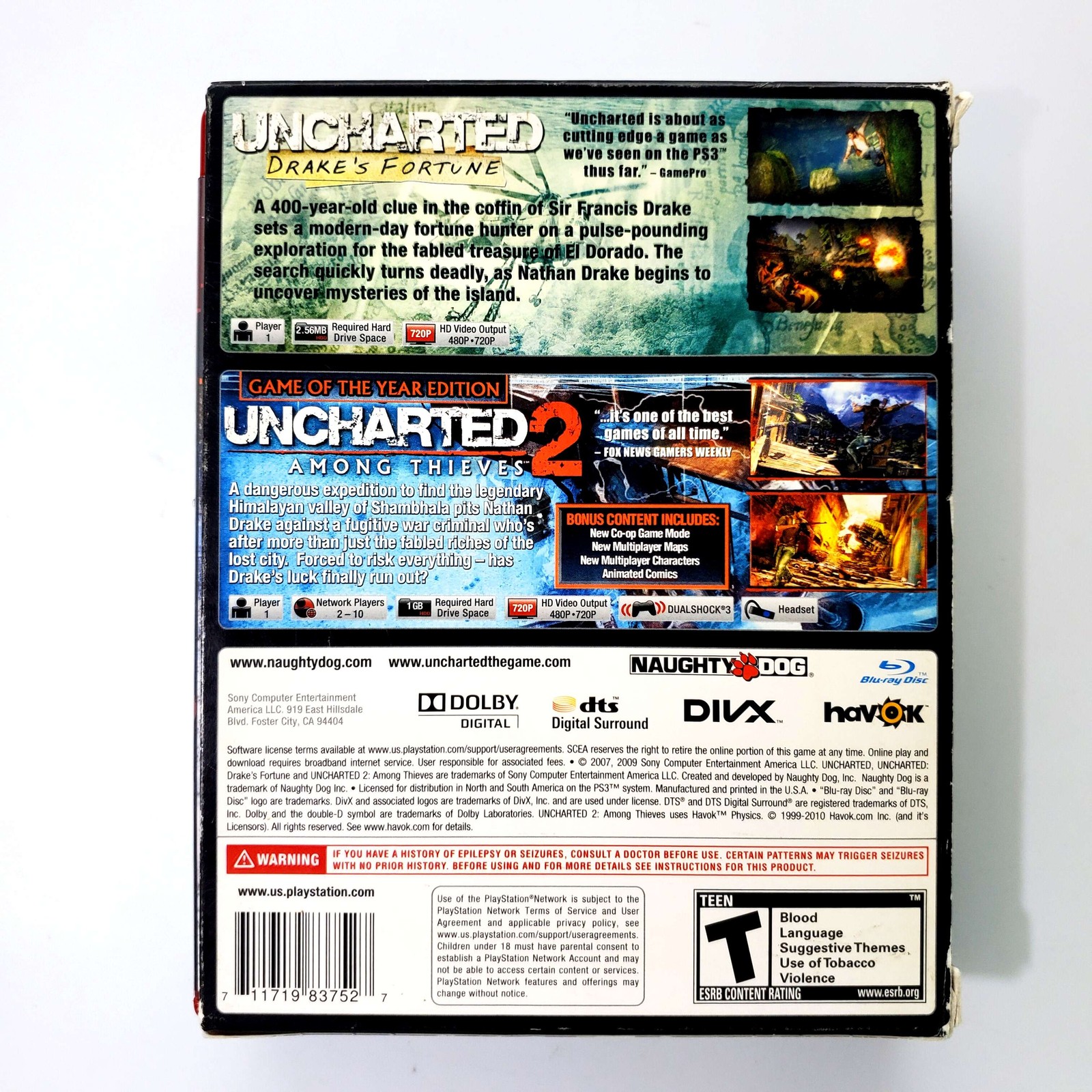 Uncharted & Uncharted 2 Dual Pack – Sony Playstation 3 PS3 Tested 1Y Guarantee