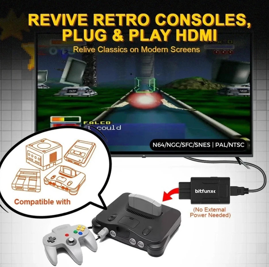 Bitfunx N64 HDMI Adapter 720P 1080P HD Converter Upscale N64 SNES SFC GameCube