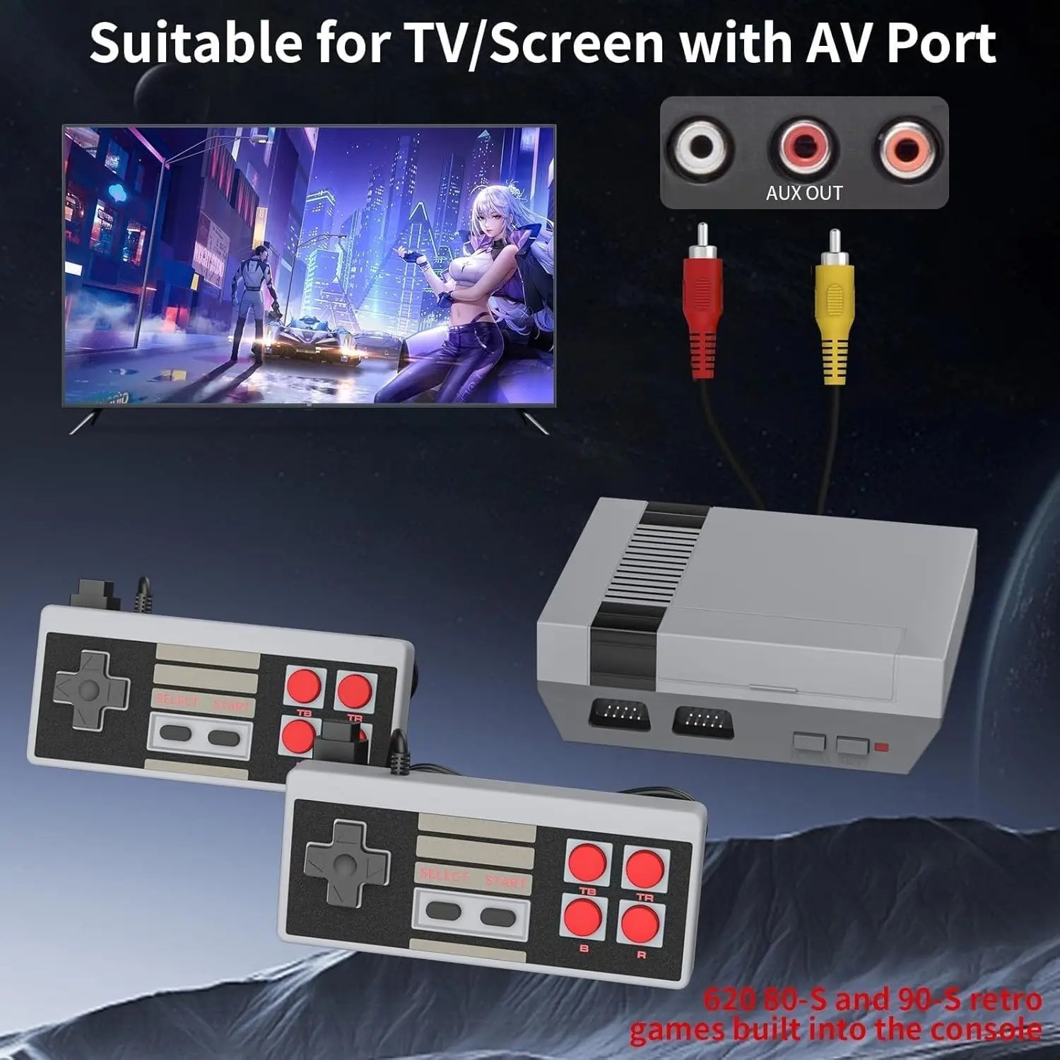 Retro 8-Bit Game Console AV Plug & Play 620 Built-In Games 2 Wired Controllers