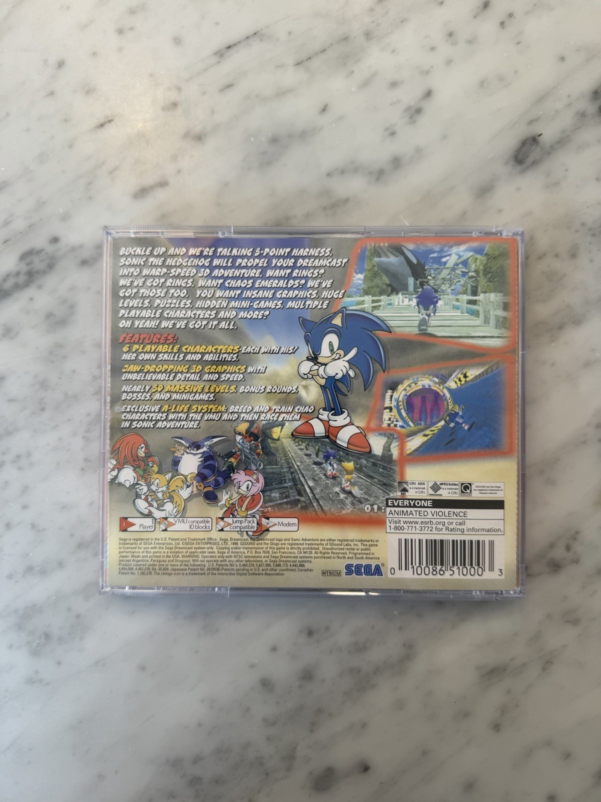 Sonic Adventure Dreamcast Case Back-art With Disc. No Manual.
