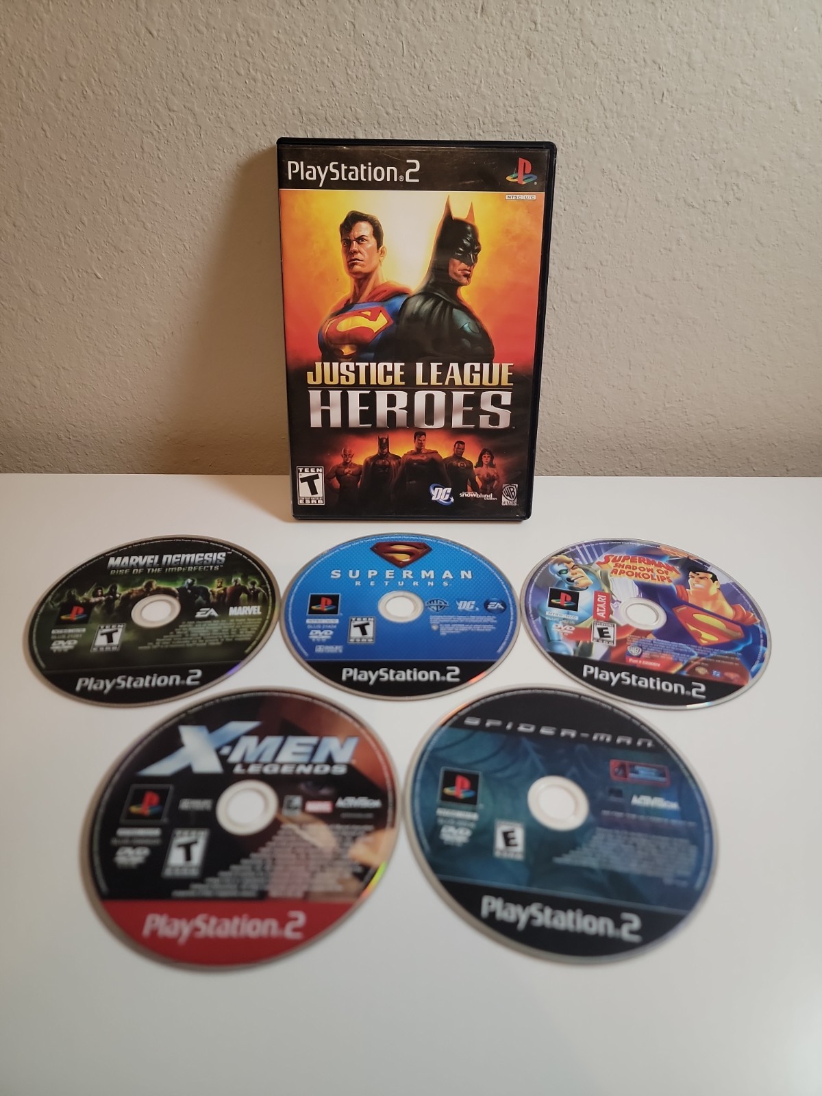 PS2 6 GAME LOT SUPER HEROES MARVEL DC SUPERMAN X-MEN LEGENDS SPIDER-MAN JUSTICE