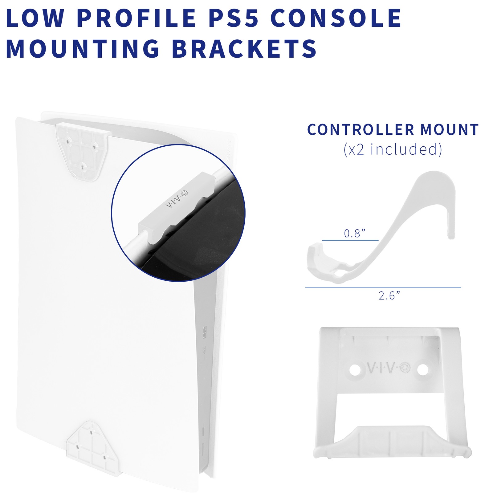 VIVO White Wall & Under Desk Mount Designed for PS5 Console, 2 Controller Mounts