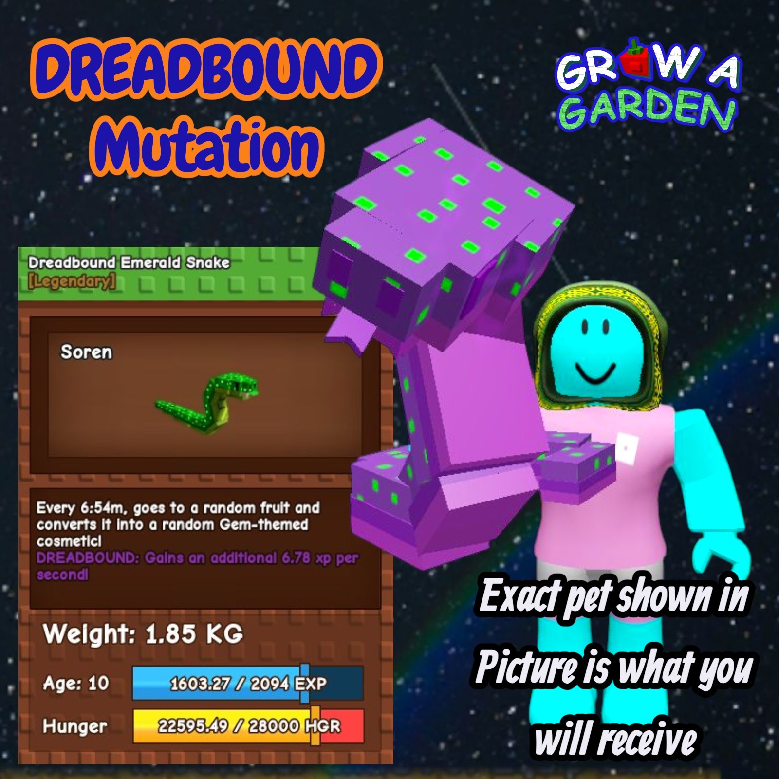 DREADBOUND Emerald Snake. Age/Weight Shown In Photo. Grow A Garden