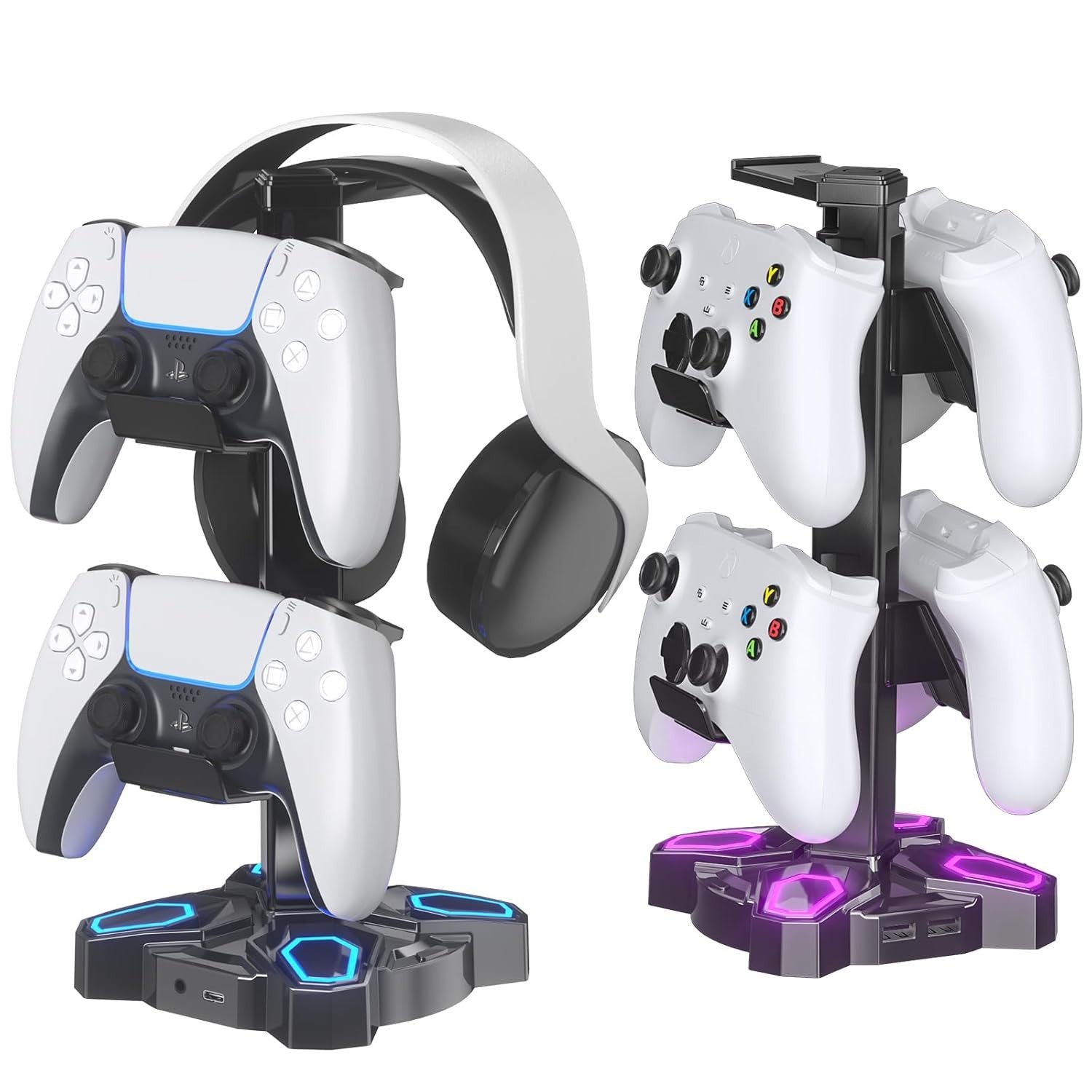 Stylish Rotating Gaming Headphone & Controller Holder with RGB Lights – Black