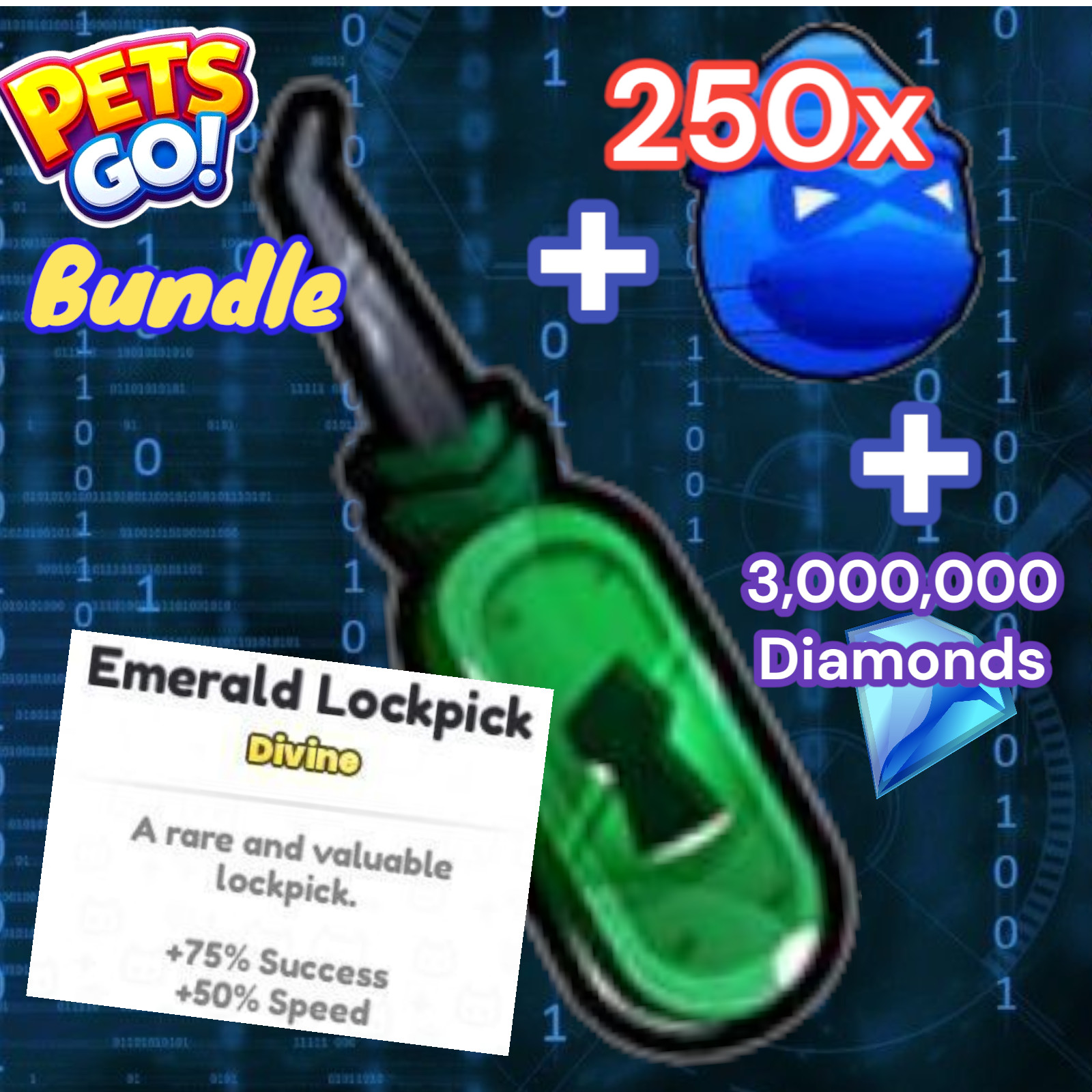 Emerald Pick + 250x Thieving Eggs + 3 Million Diamonds. Pets GO. Same Day