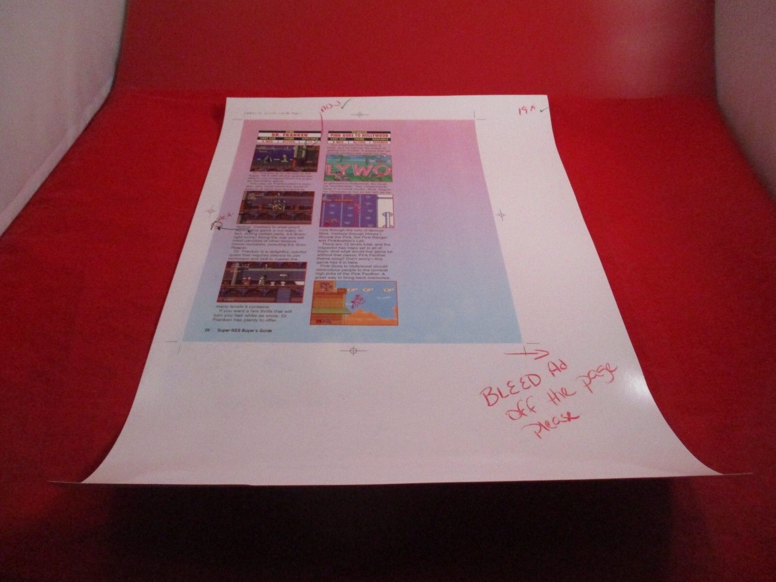 Super NES Buyer’s Guide Magazine Prototype Sheet Dr. Franken Pink Hollywood SNES