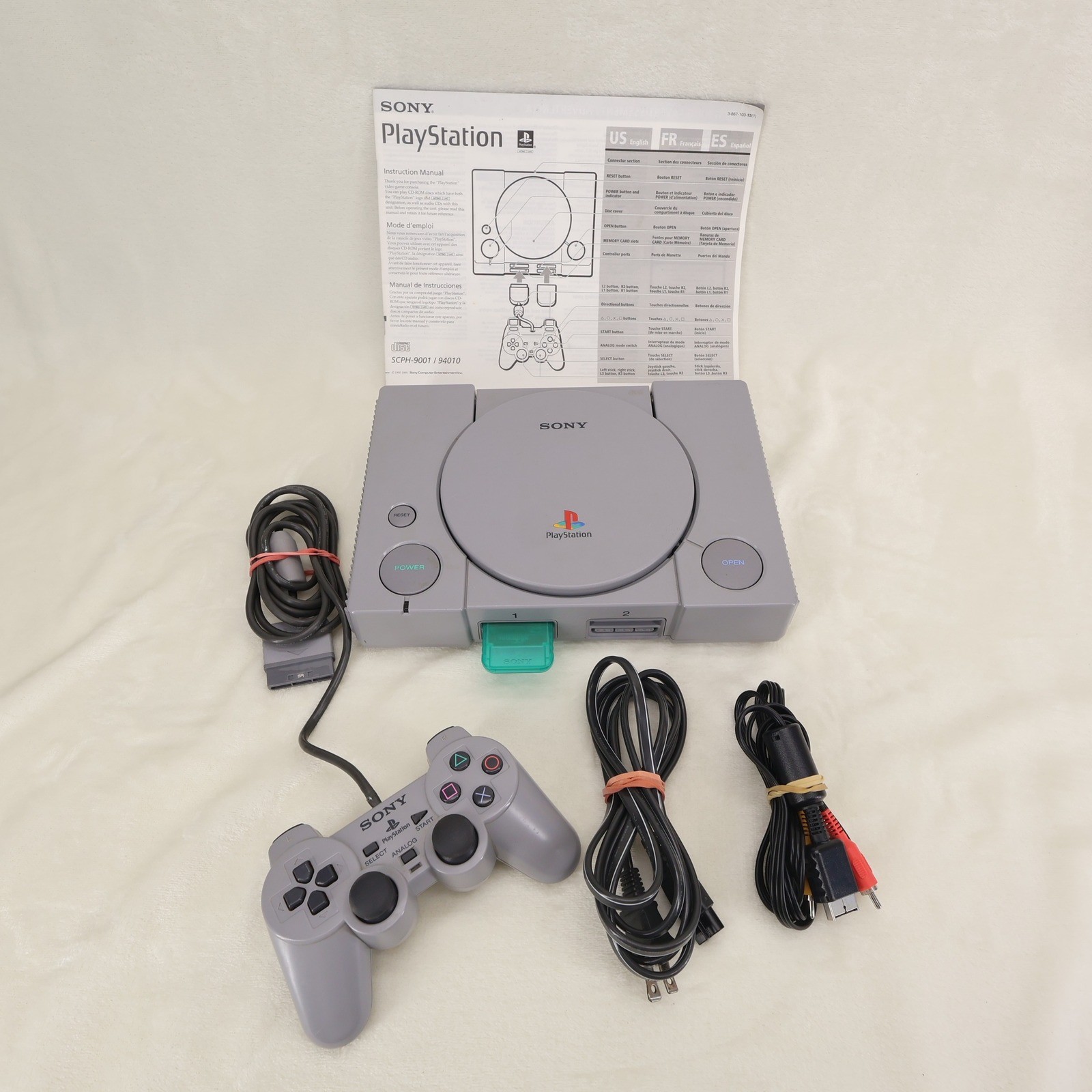 Sony PlayStation PS1 Console Bundle SCPH-9001 Gray DualShock Controller READ