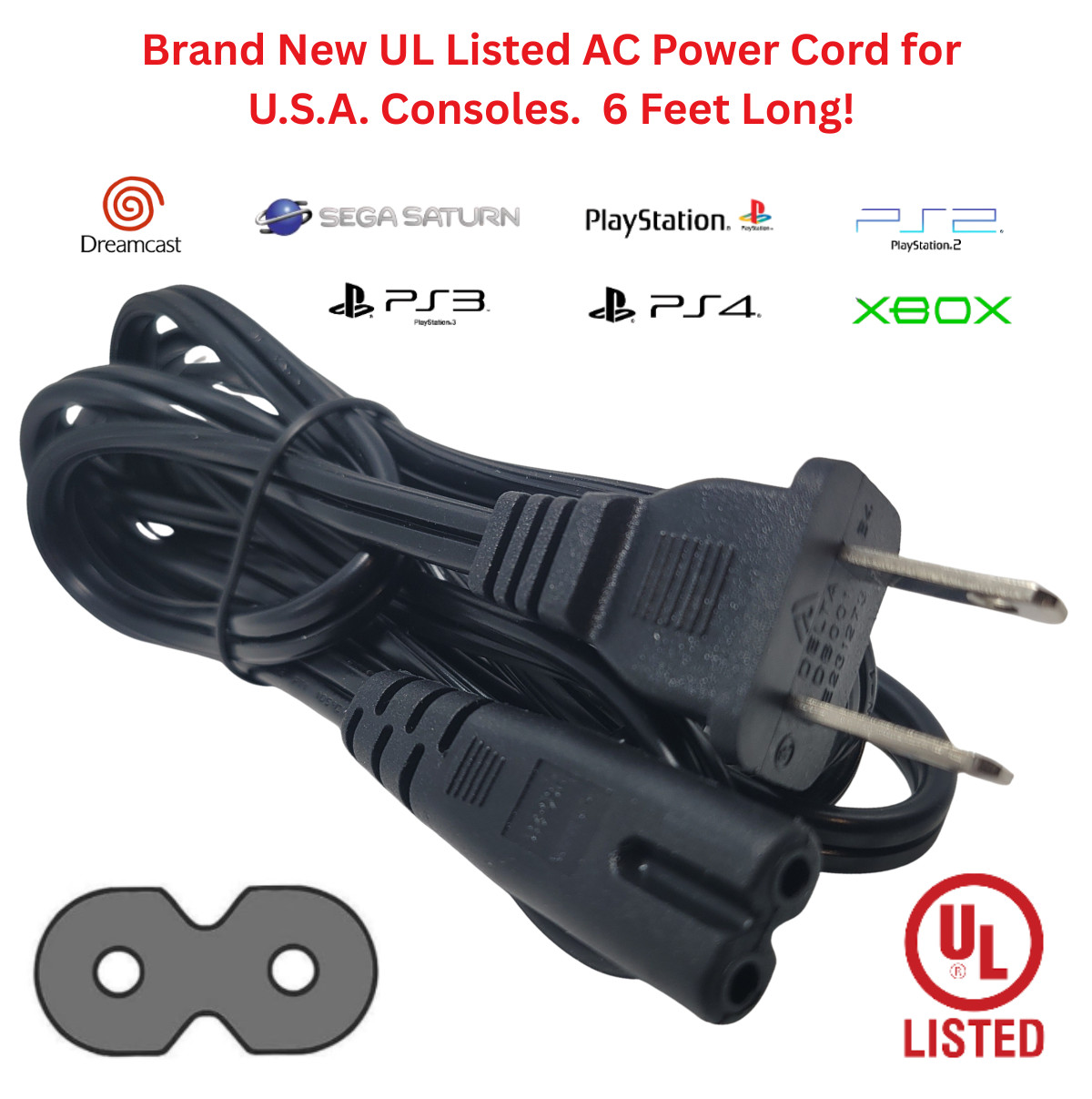 AC Power Cord UL Listed Cable for Playstation 1 2 3 4 Dreamcast Saturn OG Xbox