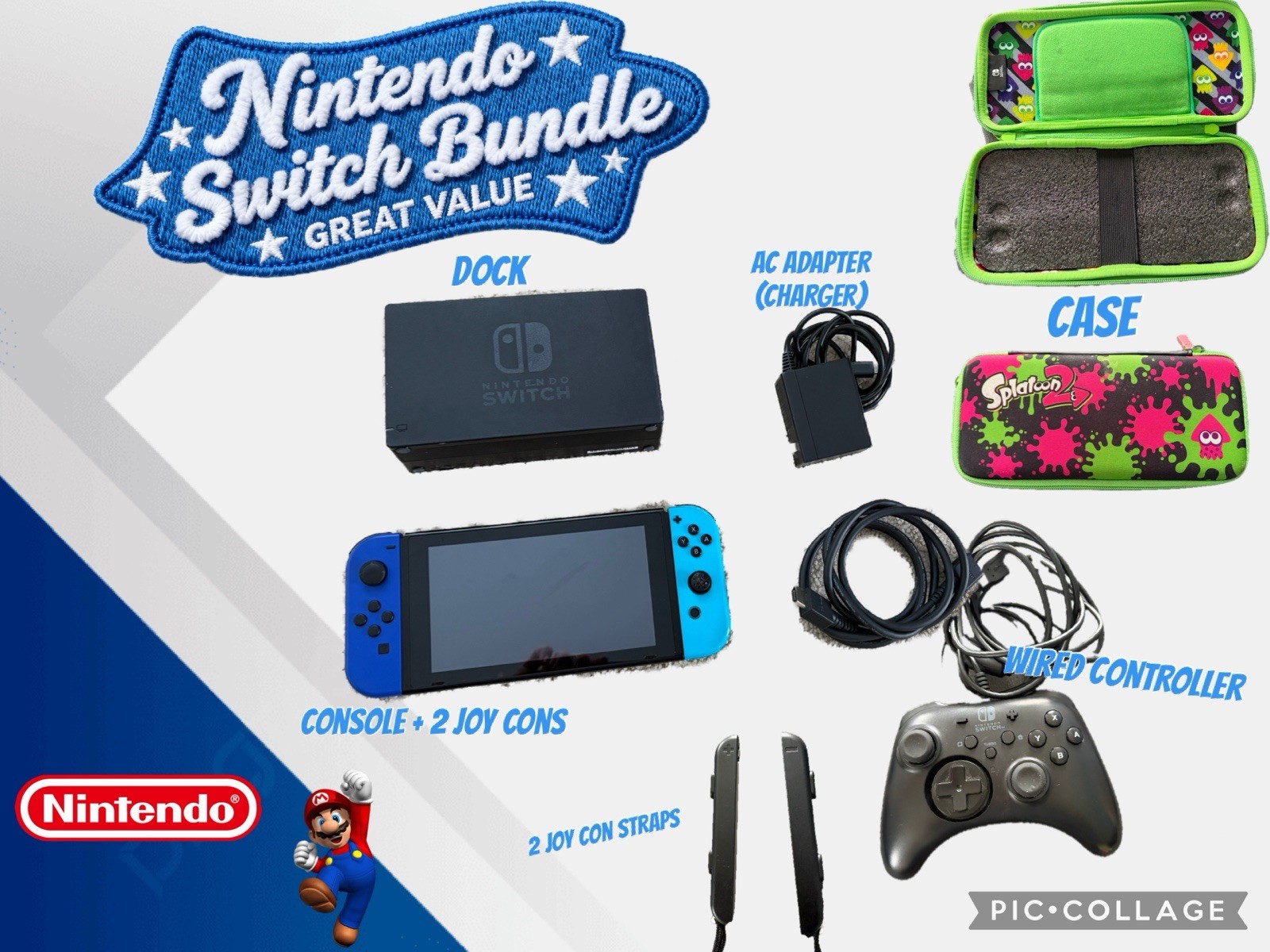 Nintendo Switch Console 32GB Dark Blue/Neon Bundle Dock Charger Controller Case