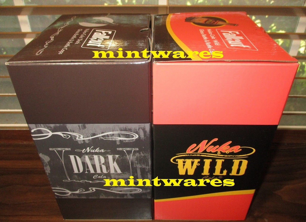 Fallout Nuka Cola Dark + Wild Glass Rocket Bottle & 20 Caps Bundle Set NEW