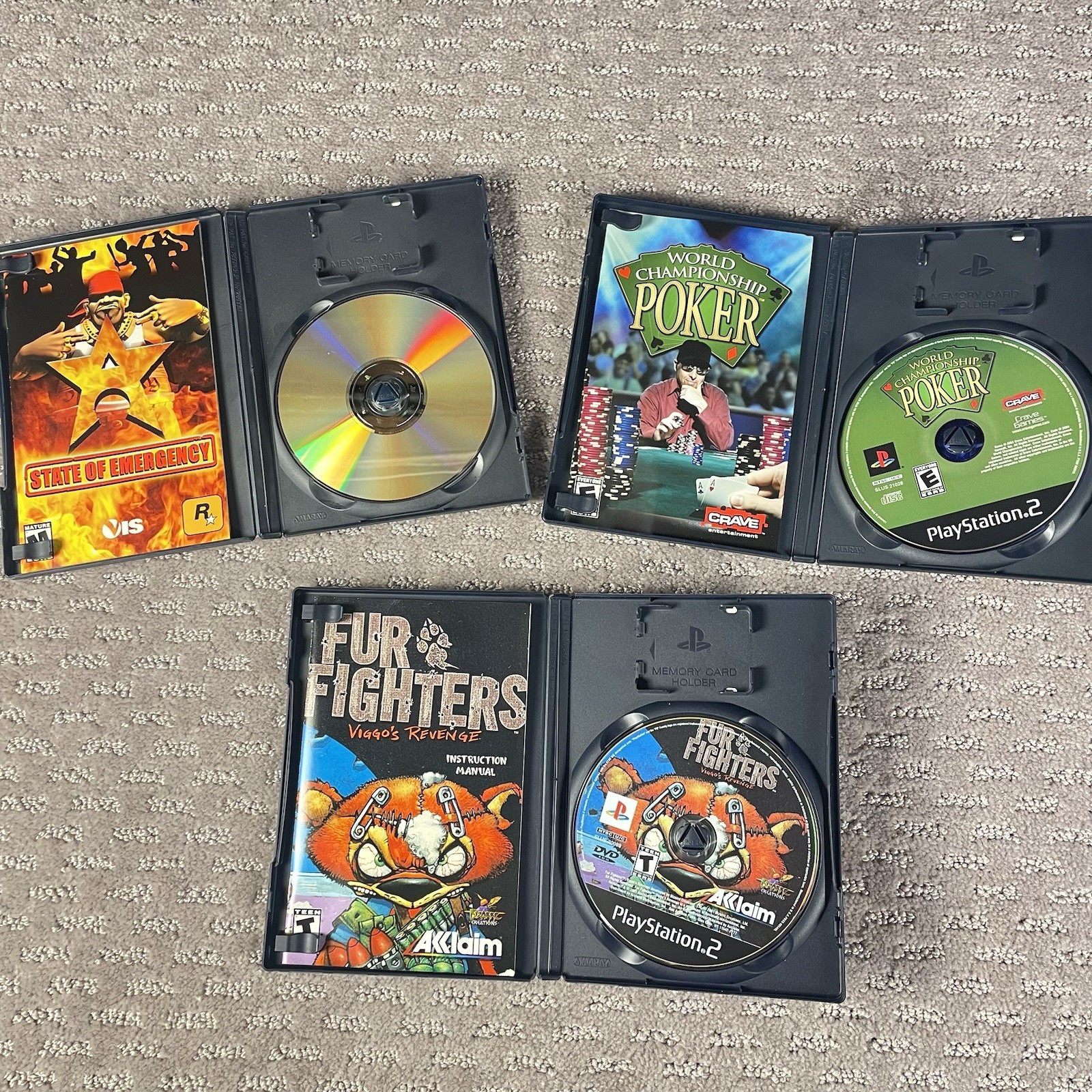 PS2 3 Games CIB Black Label w/ Reg Cards: Fur Fighters, State Emergency, Poker
