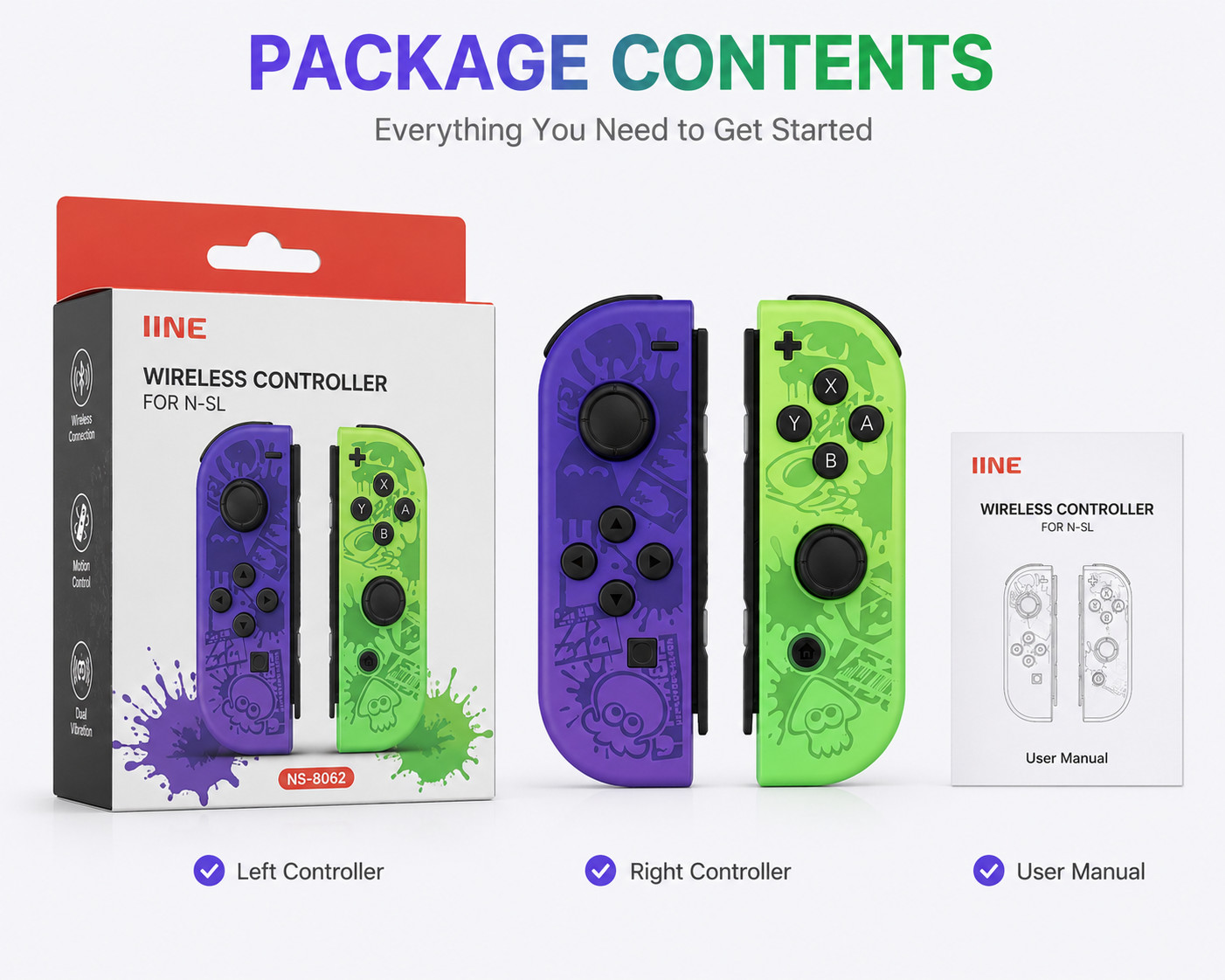 Wireless Joypad Controller Set Compatible with Nintendo Switch Purple Green