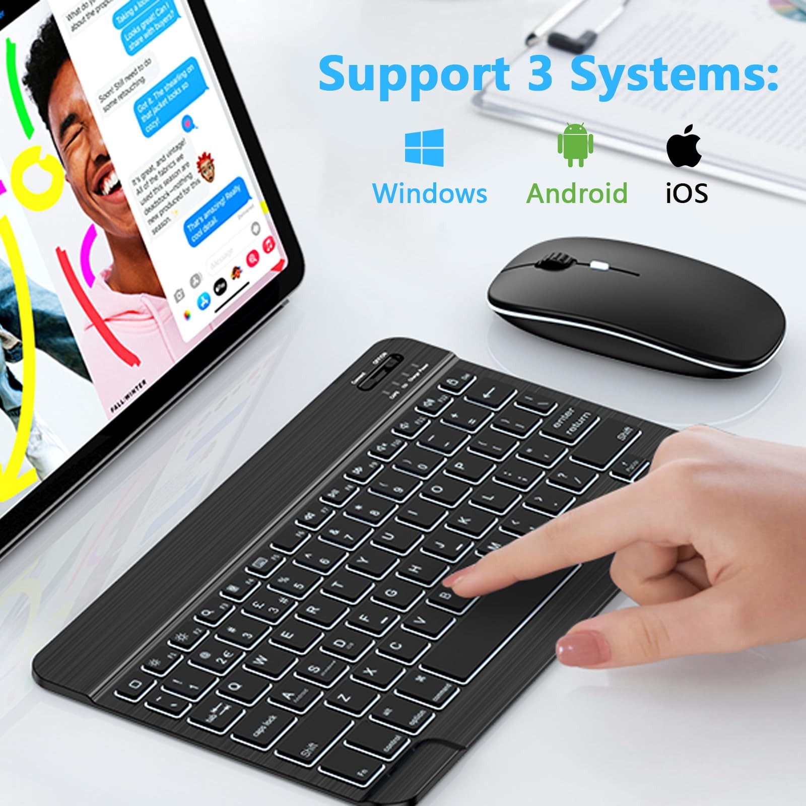 Bluetooth Keyboard and Mouse Combo for iPad with 7-Color Black