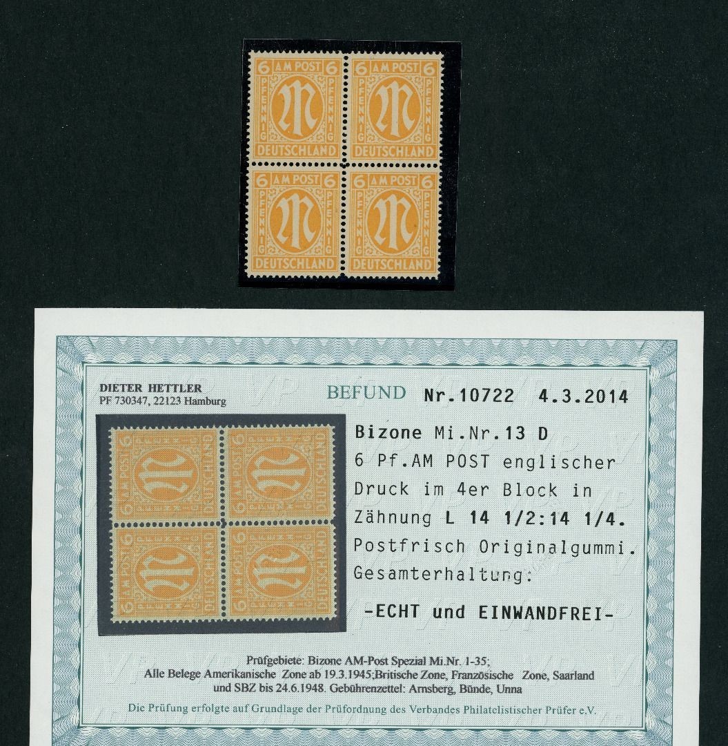 All. Occupation Bizone AMPost Michel No. 13D mint never hinged 4-post block…