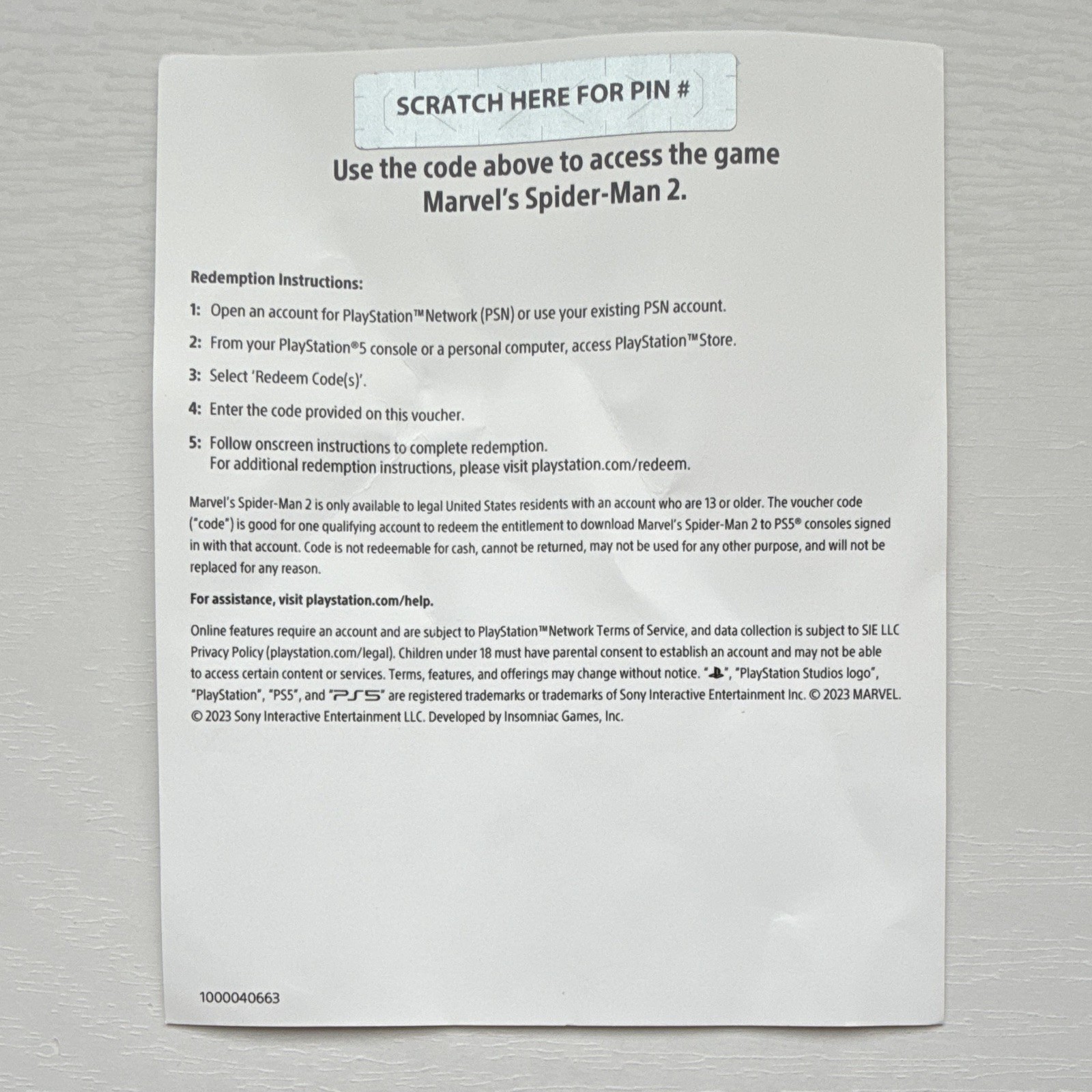 NEW Marvel’s Spider-Man 2 Game Digital Download Pin Code Sony PS5 PlayStation 5