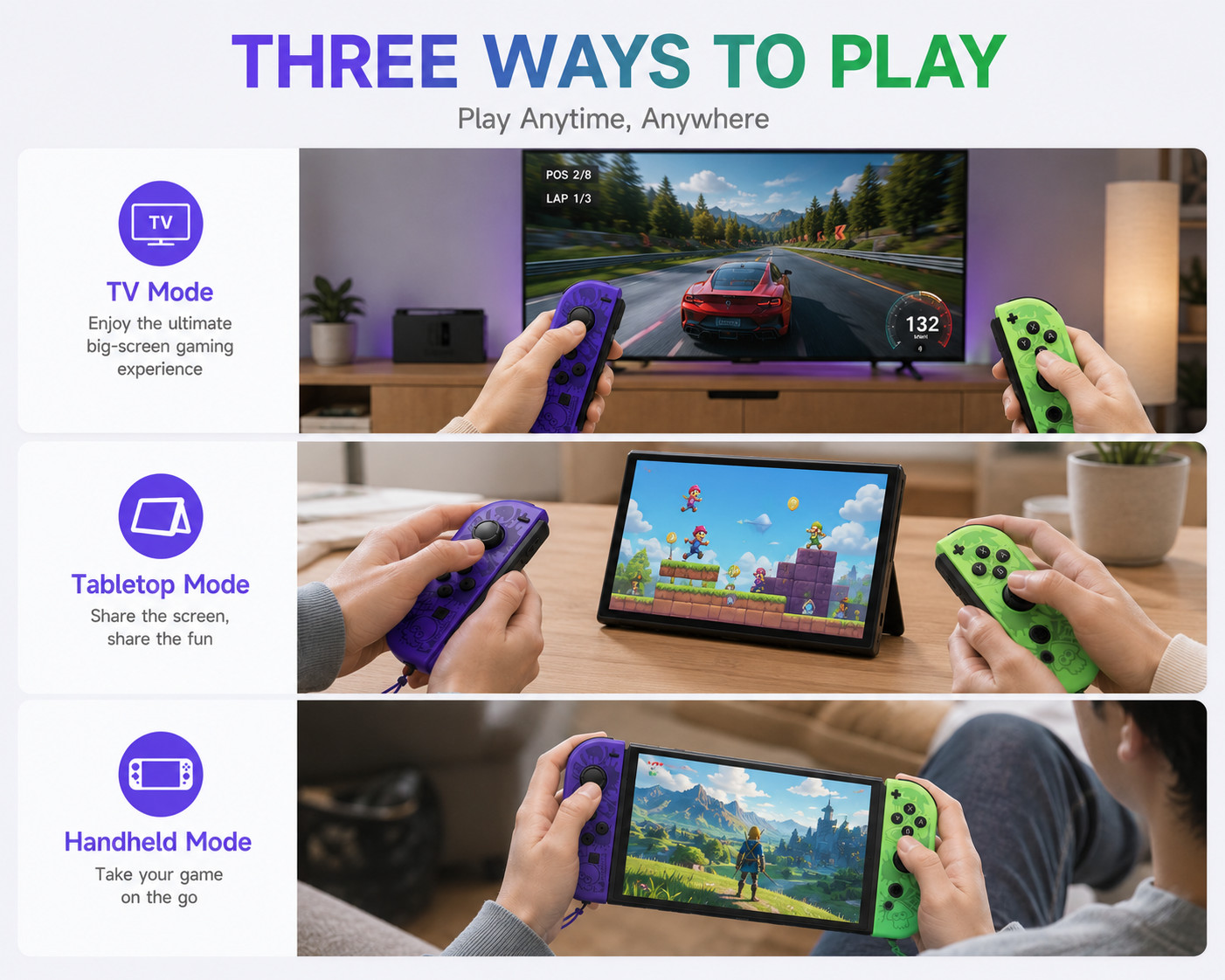 Wireless Joypad Controller Set Compatible with Nintendo Switch Purple Green