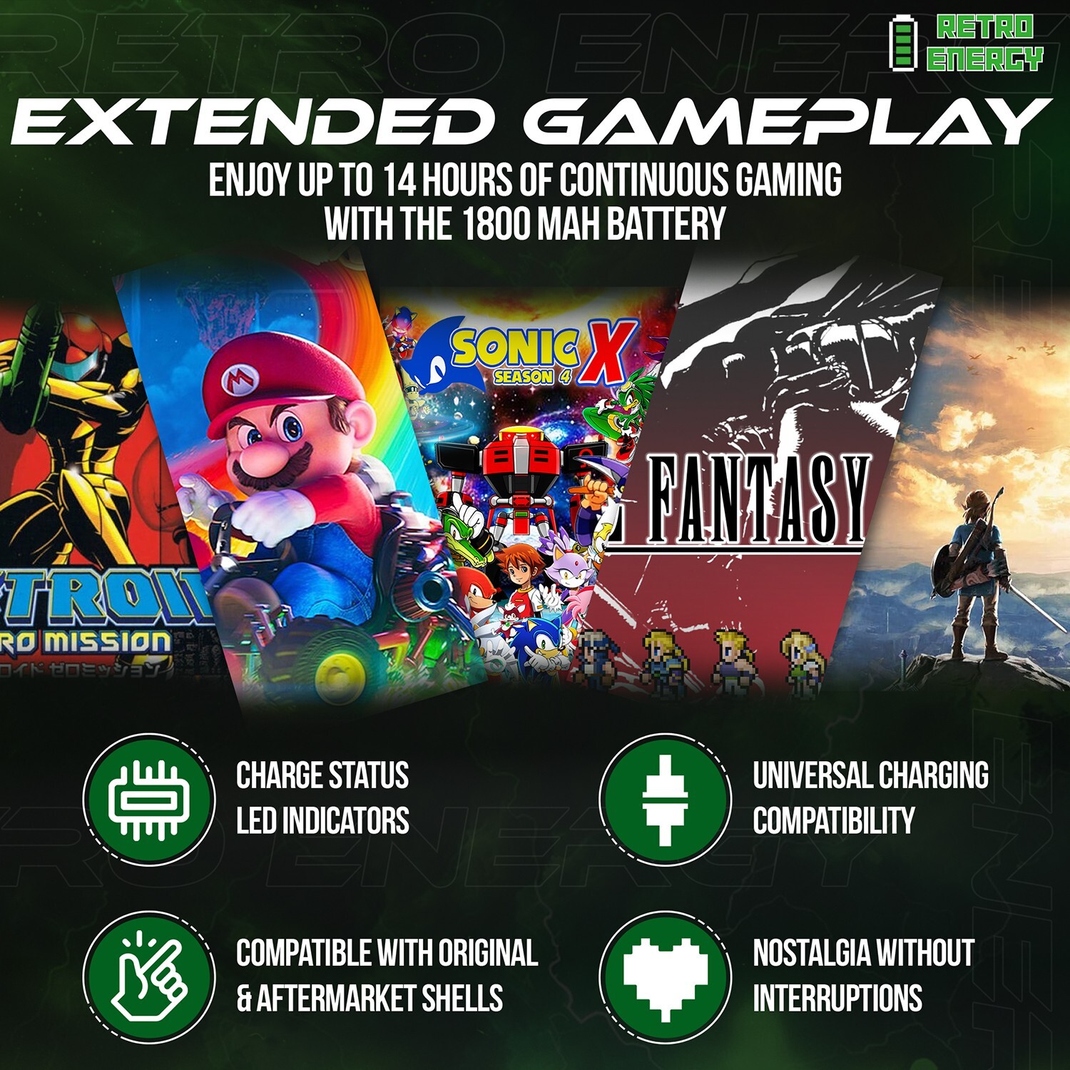 Retro Energy 1800 mAHz Game Boy Advance USB-C Rechargeable Battery – 14+ Hours