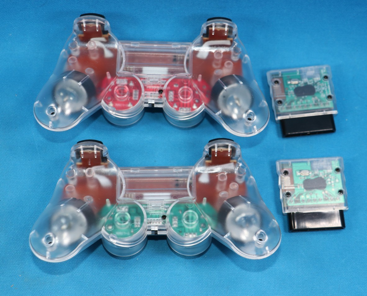 FOR PLAYSTATION 2 PS2 PS1 Dual Vibration WIRELESS Controller CLEAR SET OF 2