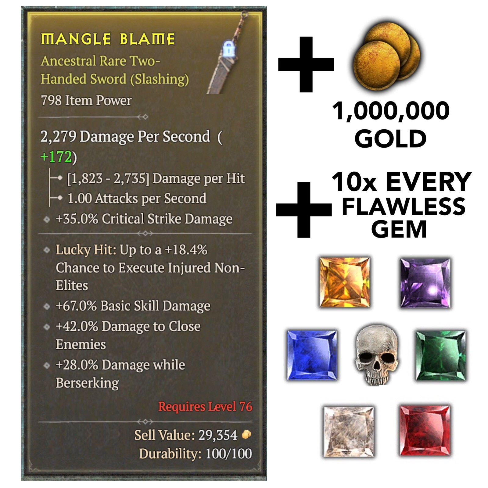 Diablo 4 Ancestral Two-Handed Sword GREAT ROLL + 1,000,000 Gold + Flawless Gems